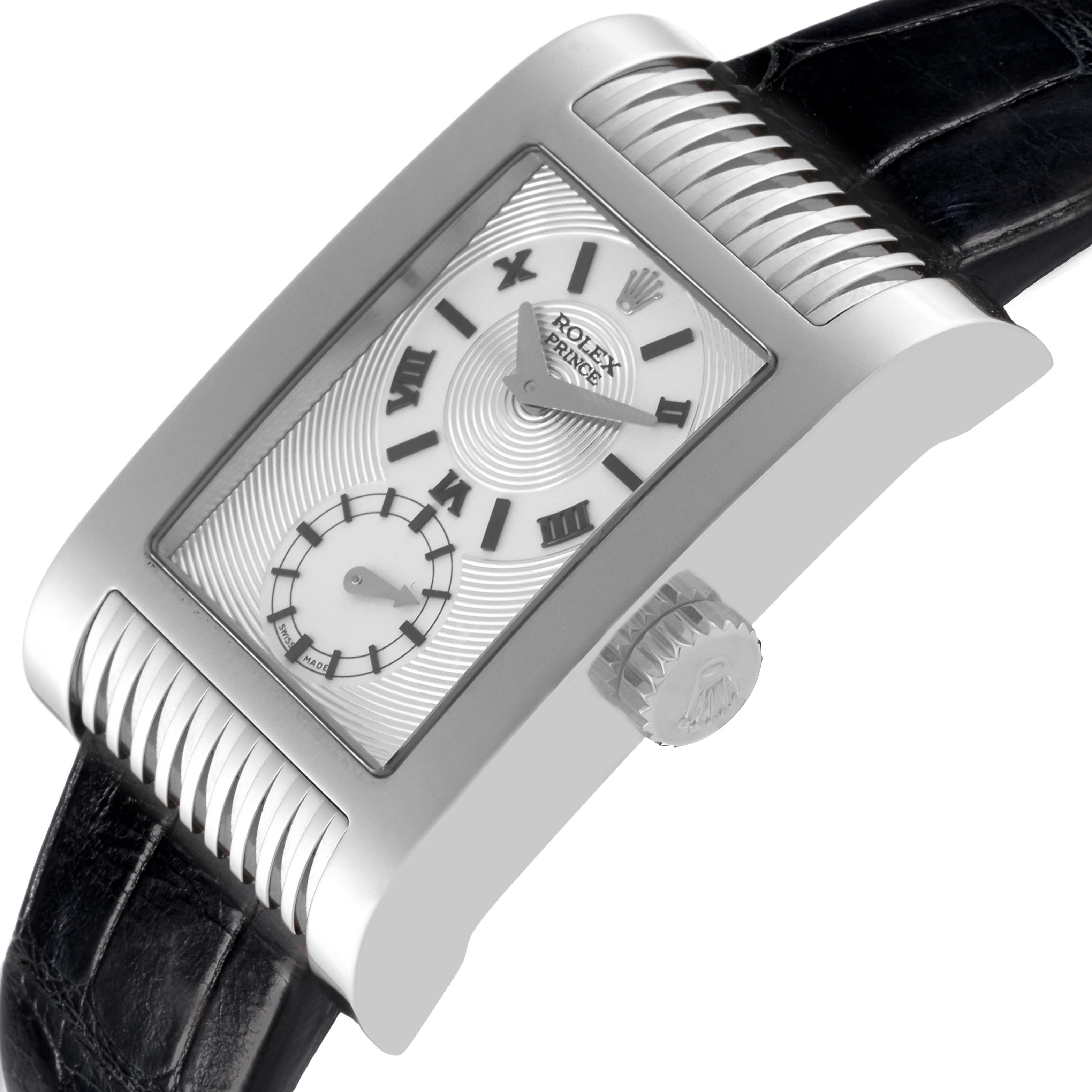 The image shows a side angle of a Rolex Cellini 5441 Men's White Gold Silver Dial 5441 Men's White Gold Silver Dial Prince watch, featuring its rectangular case, crown, and leather strap.