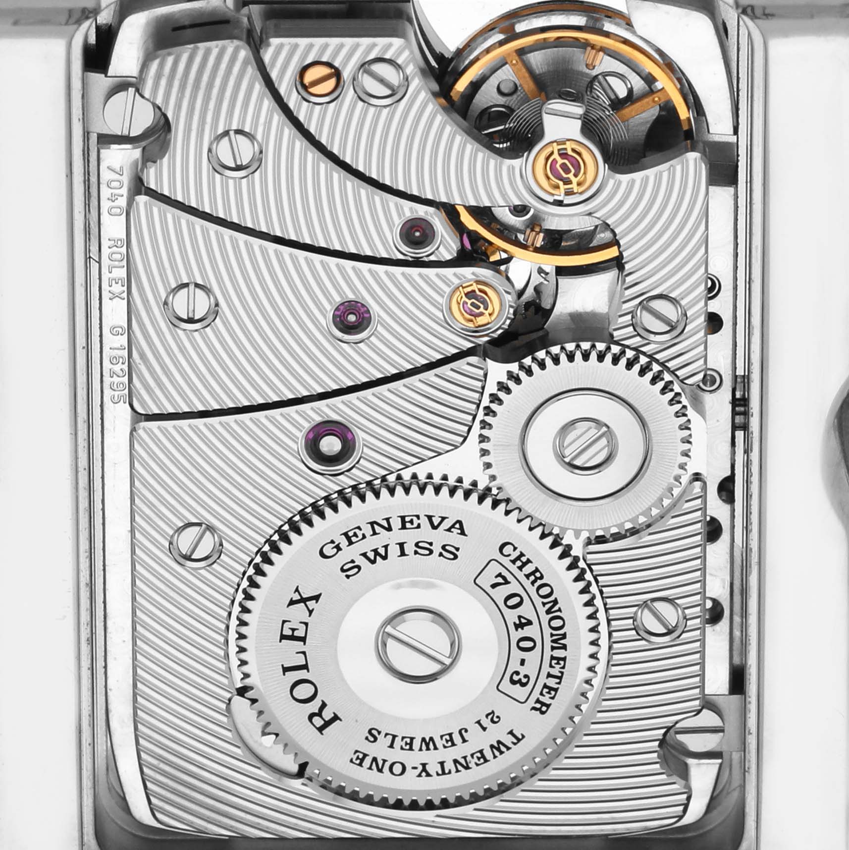 The image shows the intricate inner mechanics of a Rolex Cellini 5441 Men's White Gold Silver Dial 5441 Men's White Gold Silver Dial model watch viewed from the back.