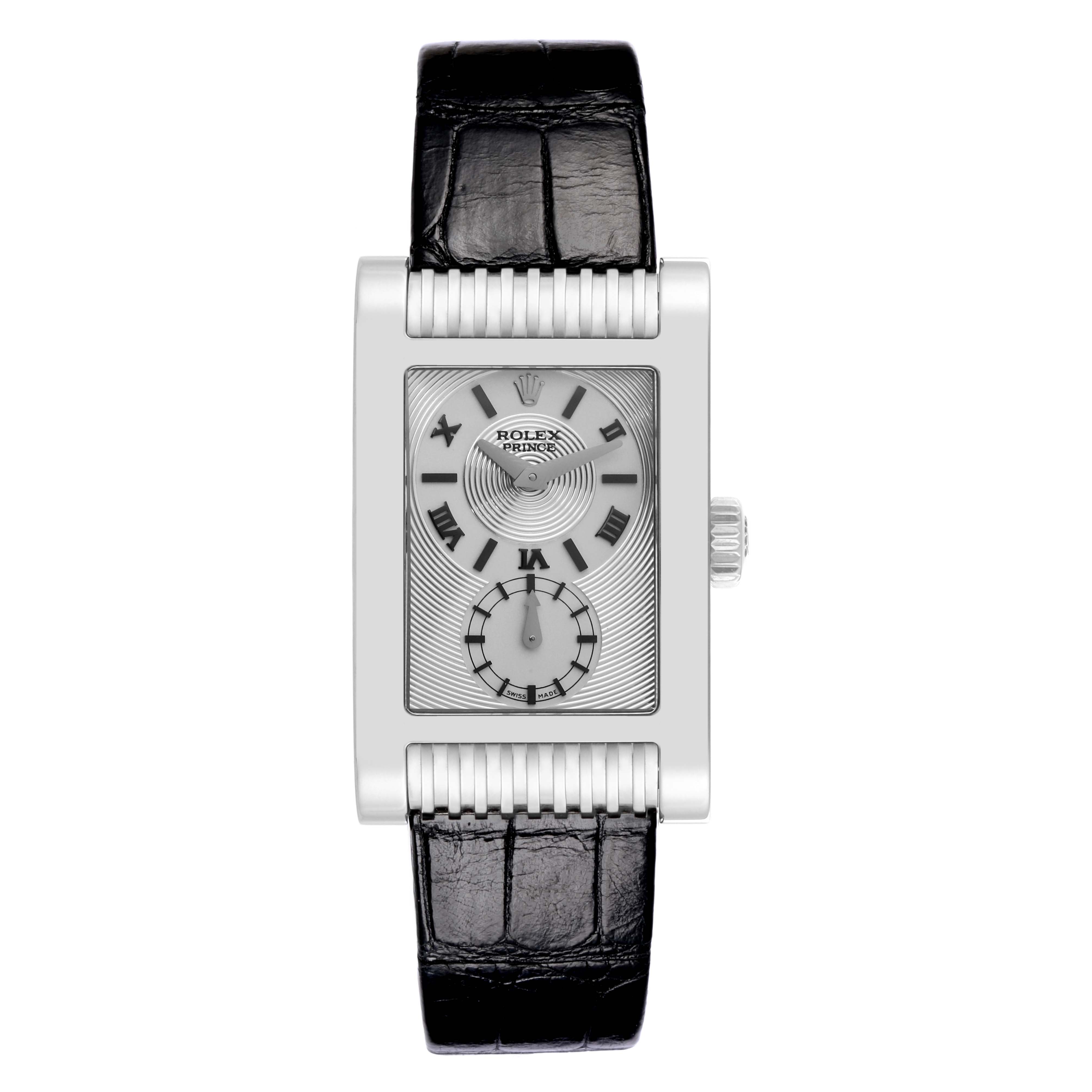This image shows a Rolex Cellini 5441 Men's White Gold Silver Dial 5441 Men's White Gold Silver Dial watch from a top-down view, highlighting the rectangular dial and leather strap.