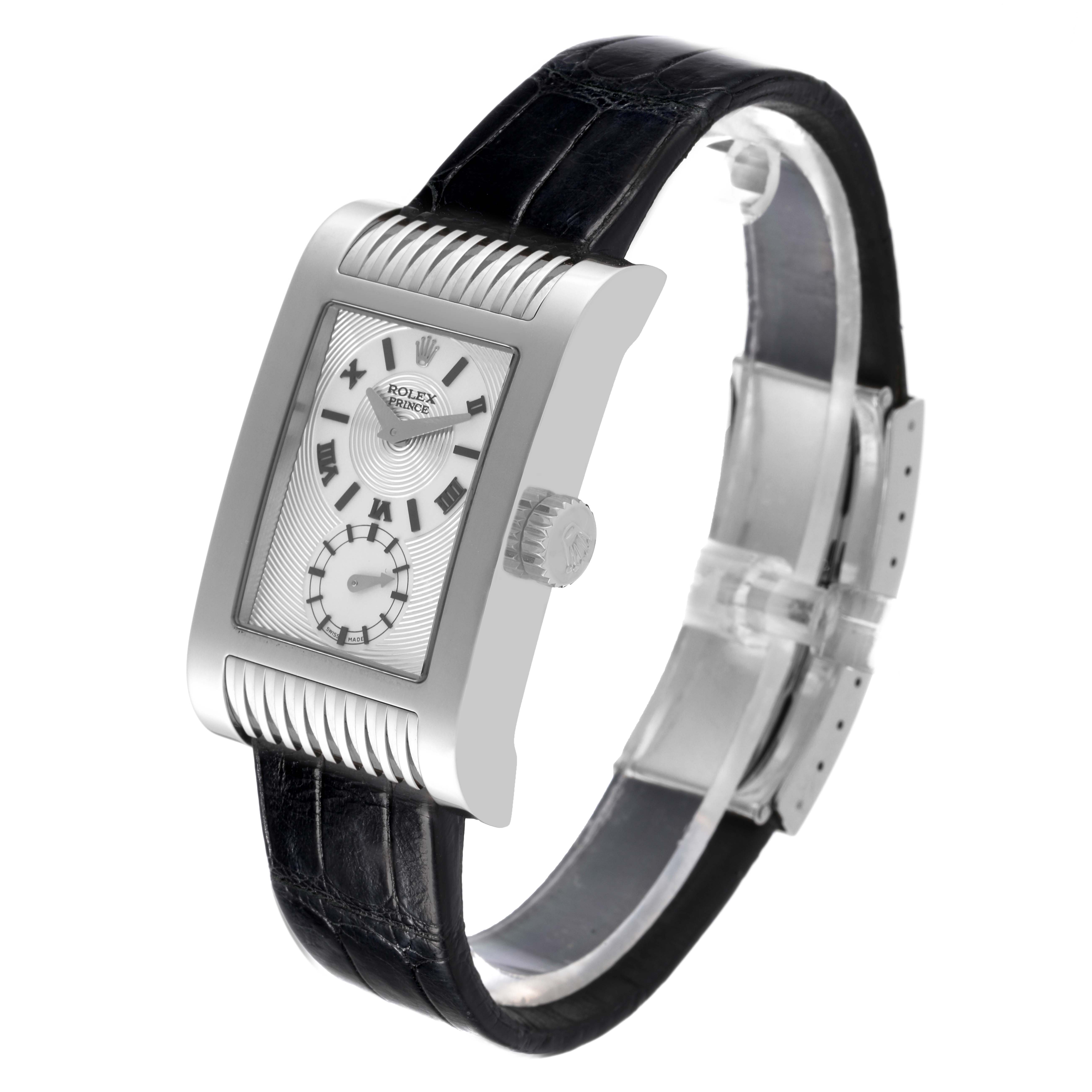 The image shows a side view of a Rolex Cellini 5441 Men's White Gold Silver Dial 5441 Men's White Gold Silver Dial model watch, highlighting its rectangular face, crown, and black leather strap.