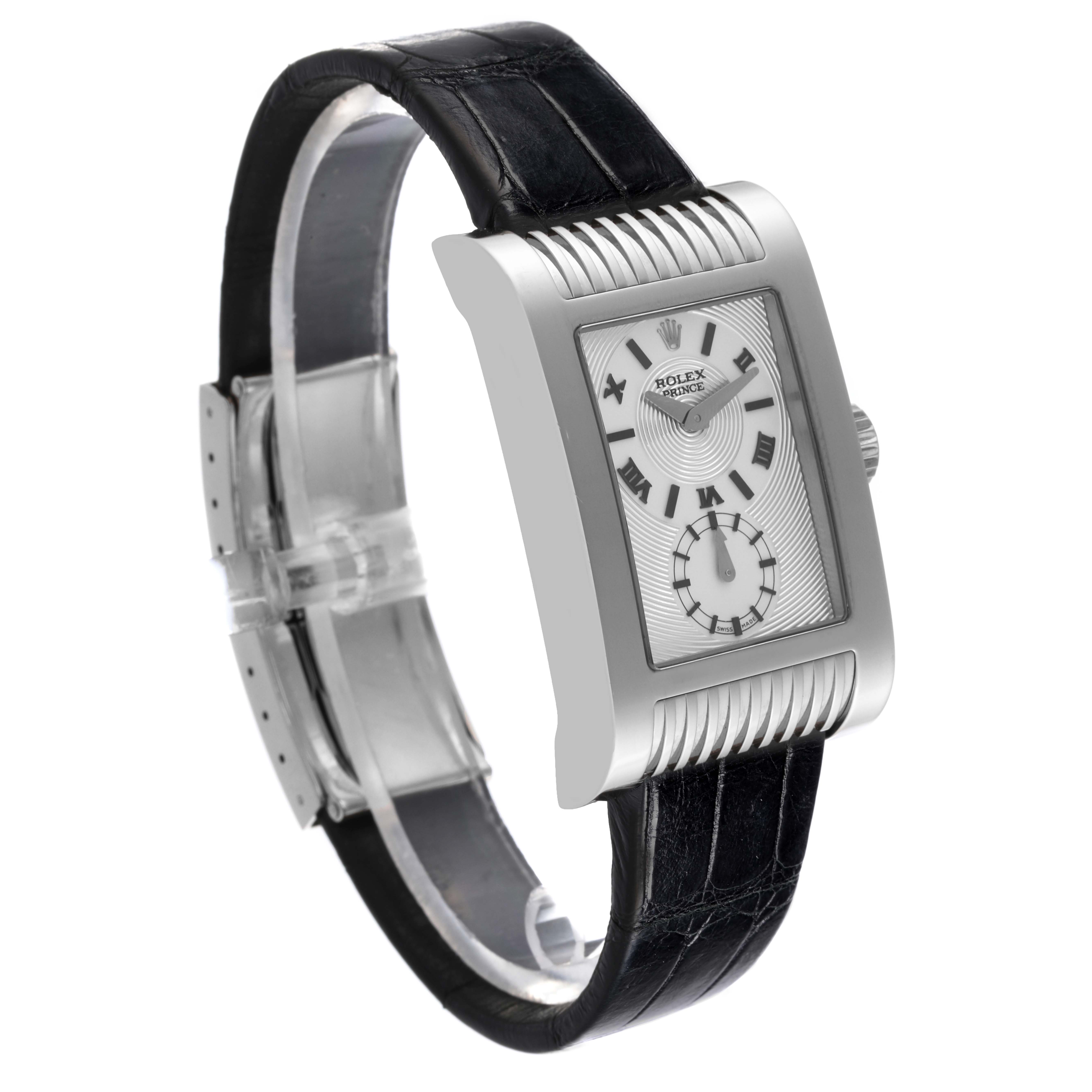 The image shows a side and front angle of a Rolex Cellini 5441 Men's White Gold Silver Dial 5441 Men's White Gold Silver Dial Prince watch with a black leather strap.