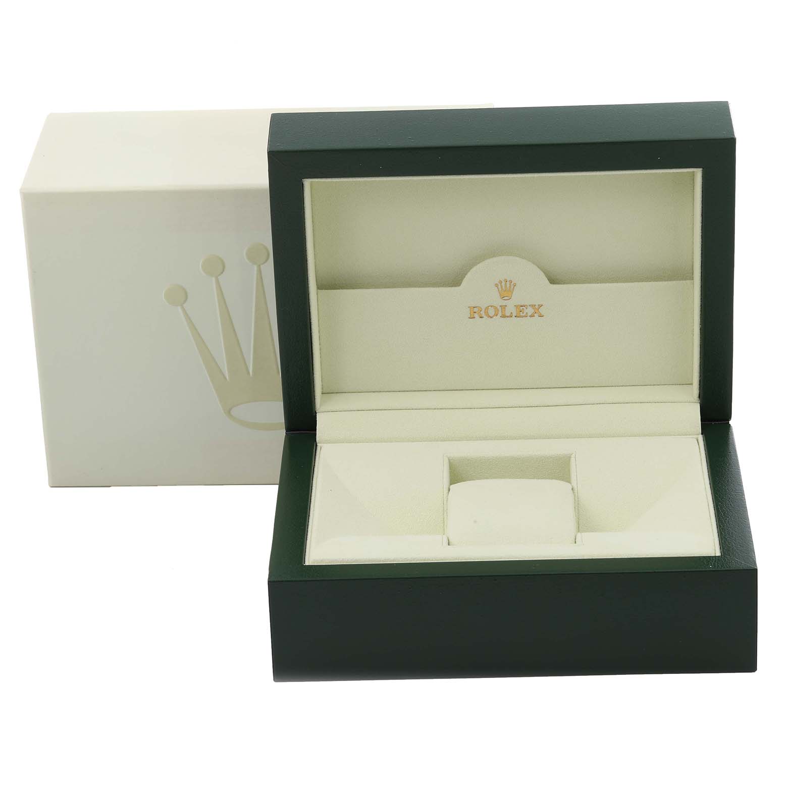 This image shows the open presentation box for the Rolex Cellini 5441 Men's White Gold Silver Dial 5441 Men's White Gold Silver Dial model, featuring the brand's logo inside.