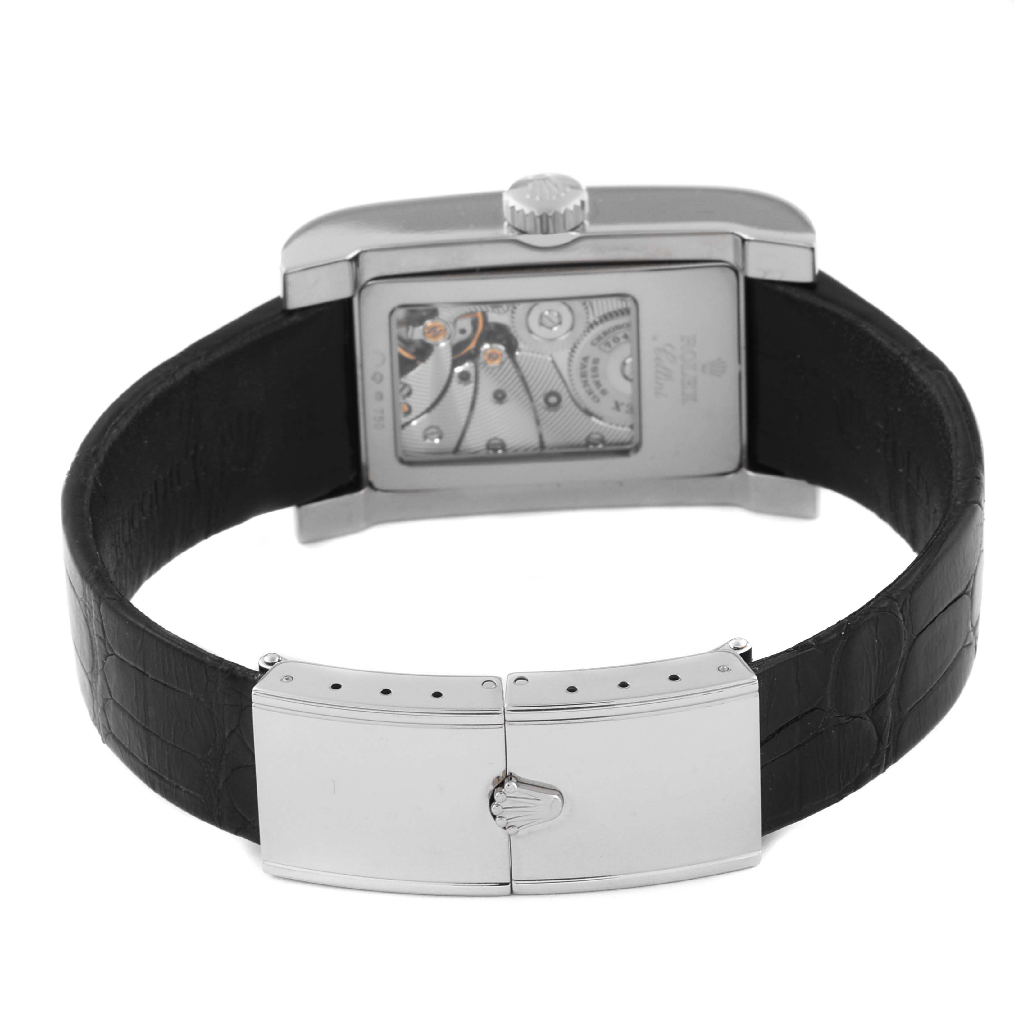 Rear view of the Rolex Cellini 5441 Men's White Gold Silver Dial 5441 Men's White Gold Silver Dial watch showing the case back, movement, crown, and leather strap with clasp.