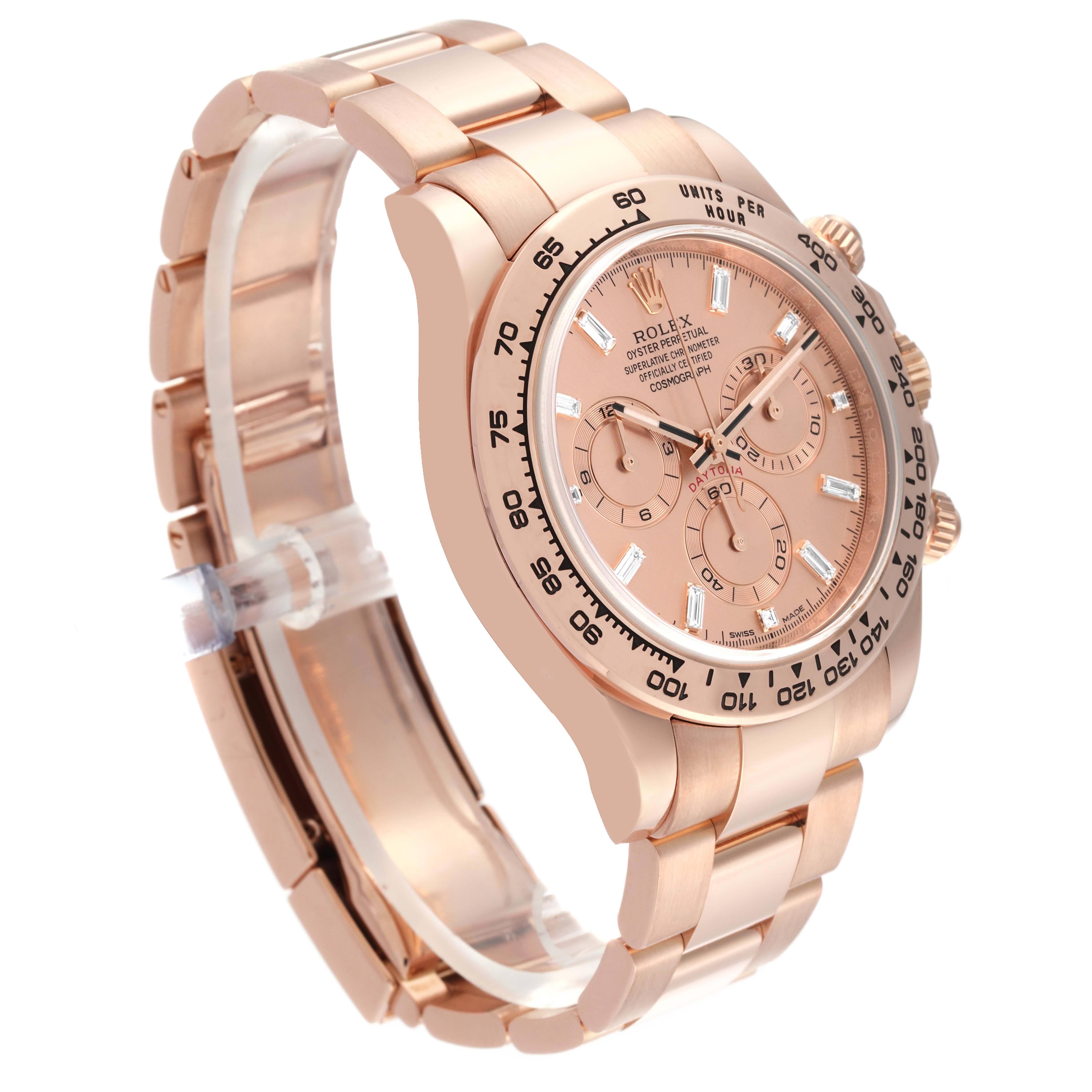 This image displays a Rolex Daytona 116505 Men
s Rose Gold Pink Dial 116505 Men
s Rose Gold Pink Dial watch at a slight left-side angle, showing the face, band, and pushers clearly.