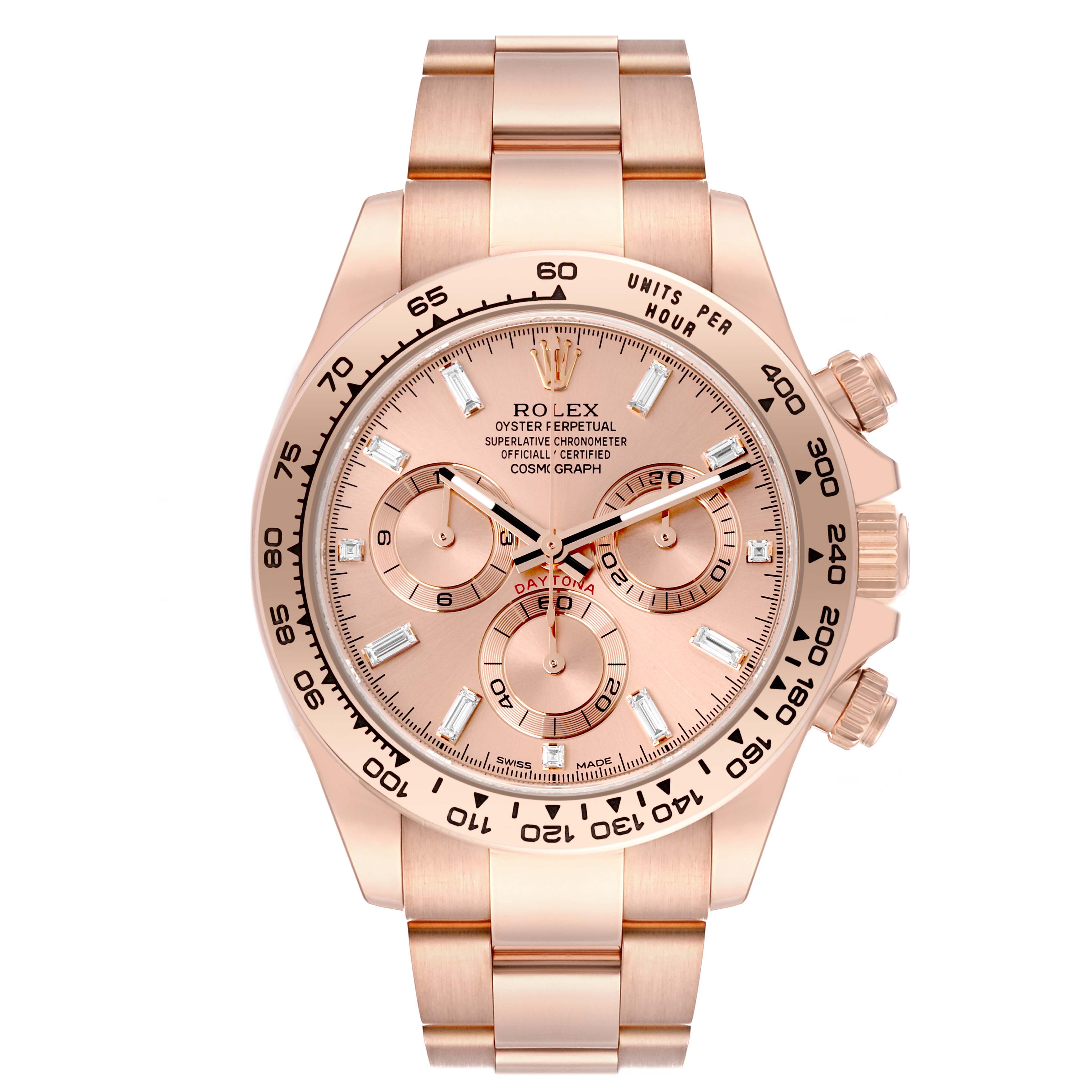 The Rolex Daytona 116505 Men
s Rose Gold Pink Dial 116505 Men
s Rose Gold Pink Dial model watch is shown from a front angle, highlighting its dial, bezel, and bracelet.