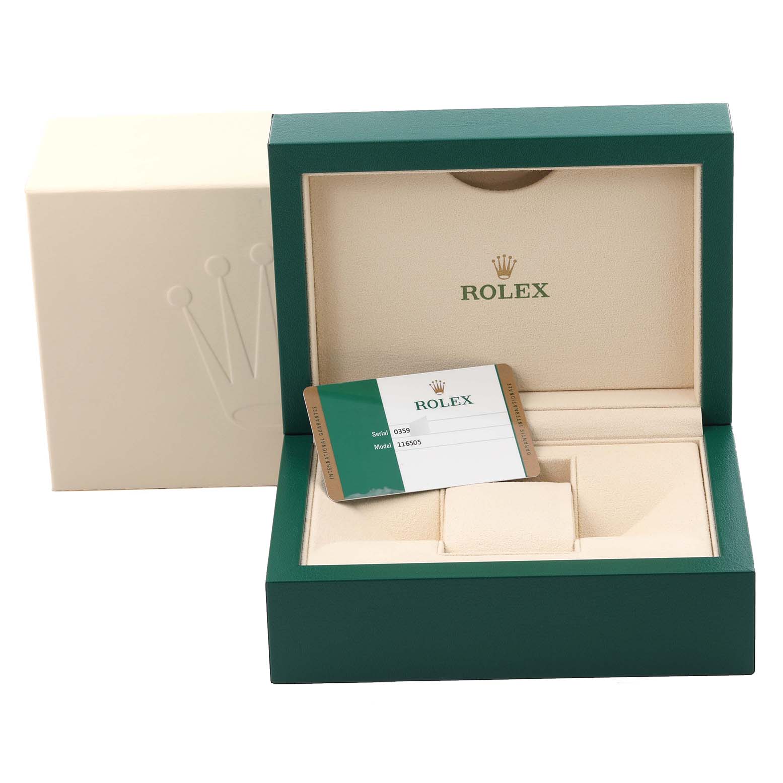 The image shows the interior of the Rolex Daytona 116505 Men
s Rose Gold Pink Dial 116505 Men
s Rose Gold Pink Dial watch box, including a warranty card within a green and beige case.