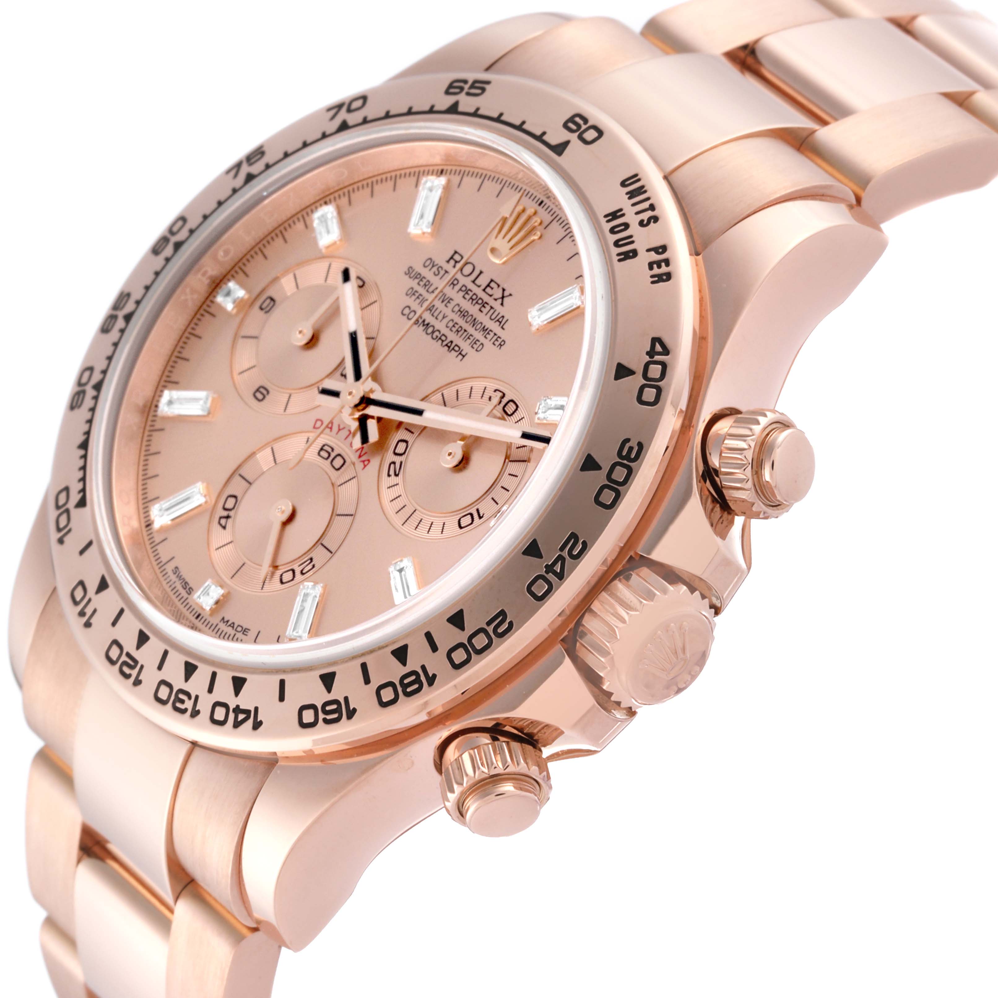 The image shows a close-up side angle of a Rolex Daytona 116505 Men
s Rose Gold Pink Dial 116505 Men
s Rose Gold Pink Dial watch, highlighting the dial, bezel, crown, and bracelet.