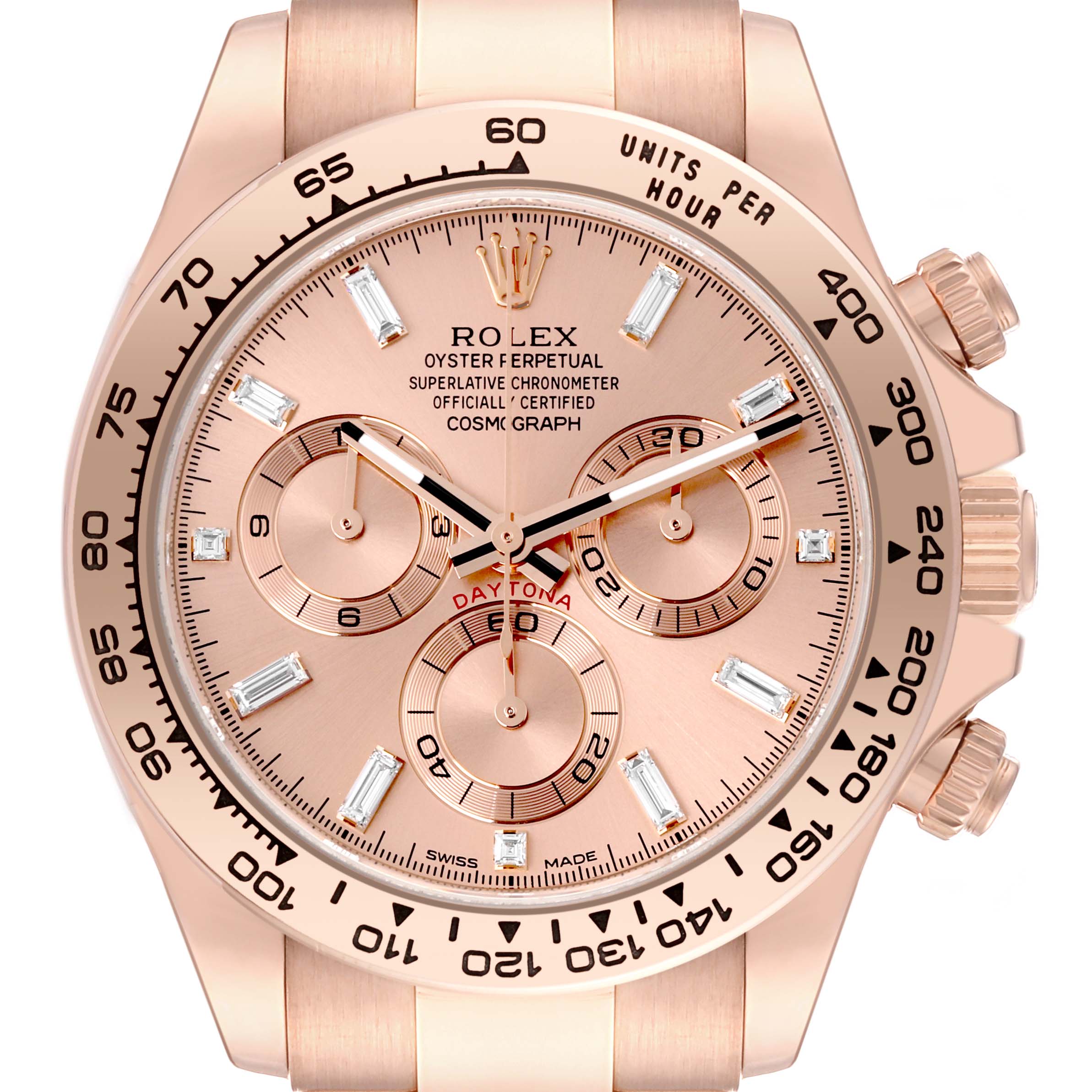 This image shows a front view of the Rolex Daytona 116505 Men
s Rose Gold Pink Dial 116505 Men
s Rose Gold Pink Dial watch, featuring the face, bezel, and chronograph dials.