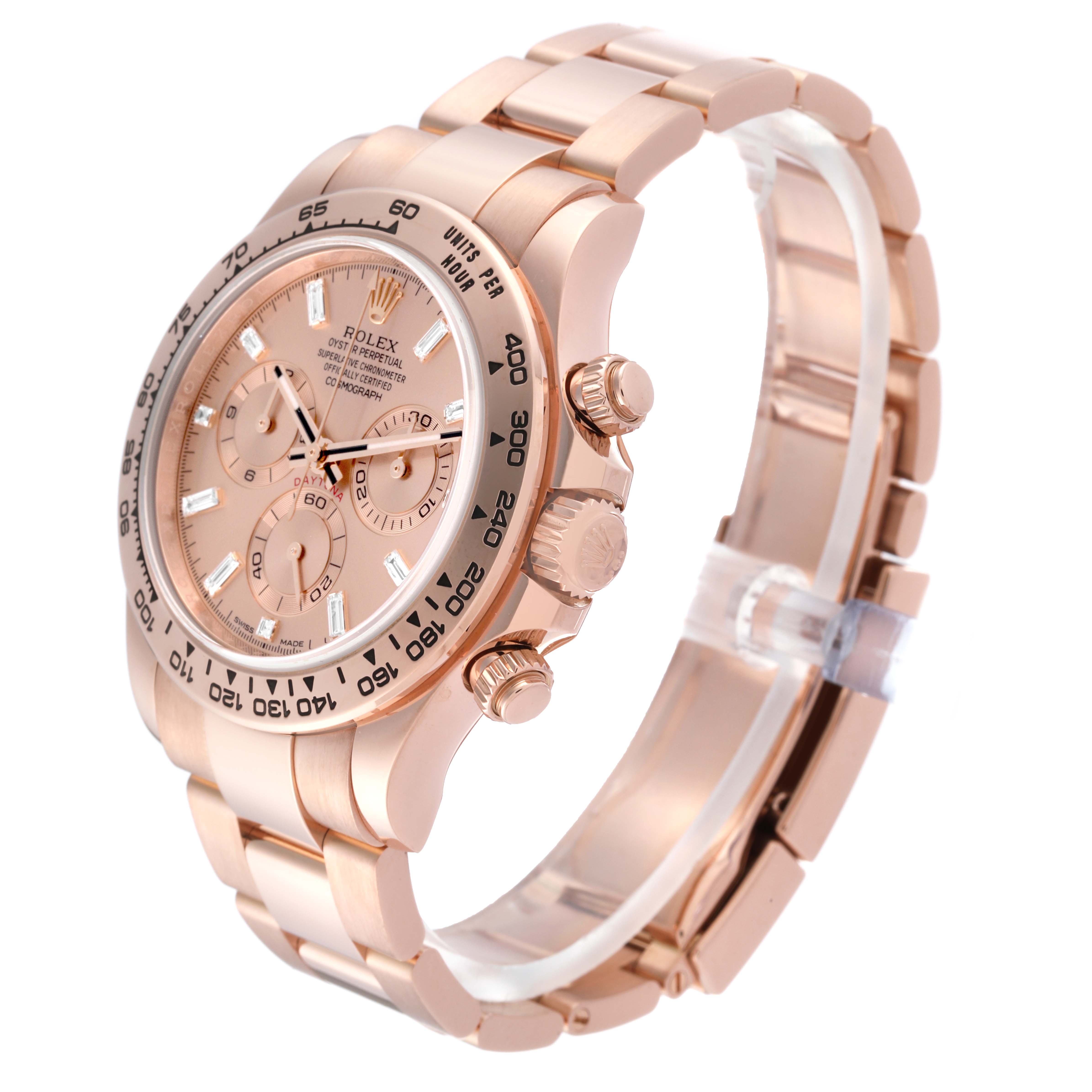 The Rolex Daytona 116505 Men
s Rose Gold Pink Dial 116505 Men
s Rose Gold Pink Dial watch is shown at a three-quarter angle, highlighting the face, pushers, and bracelet.