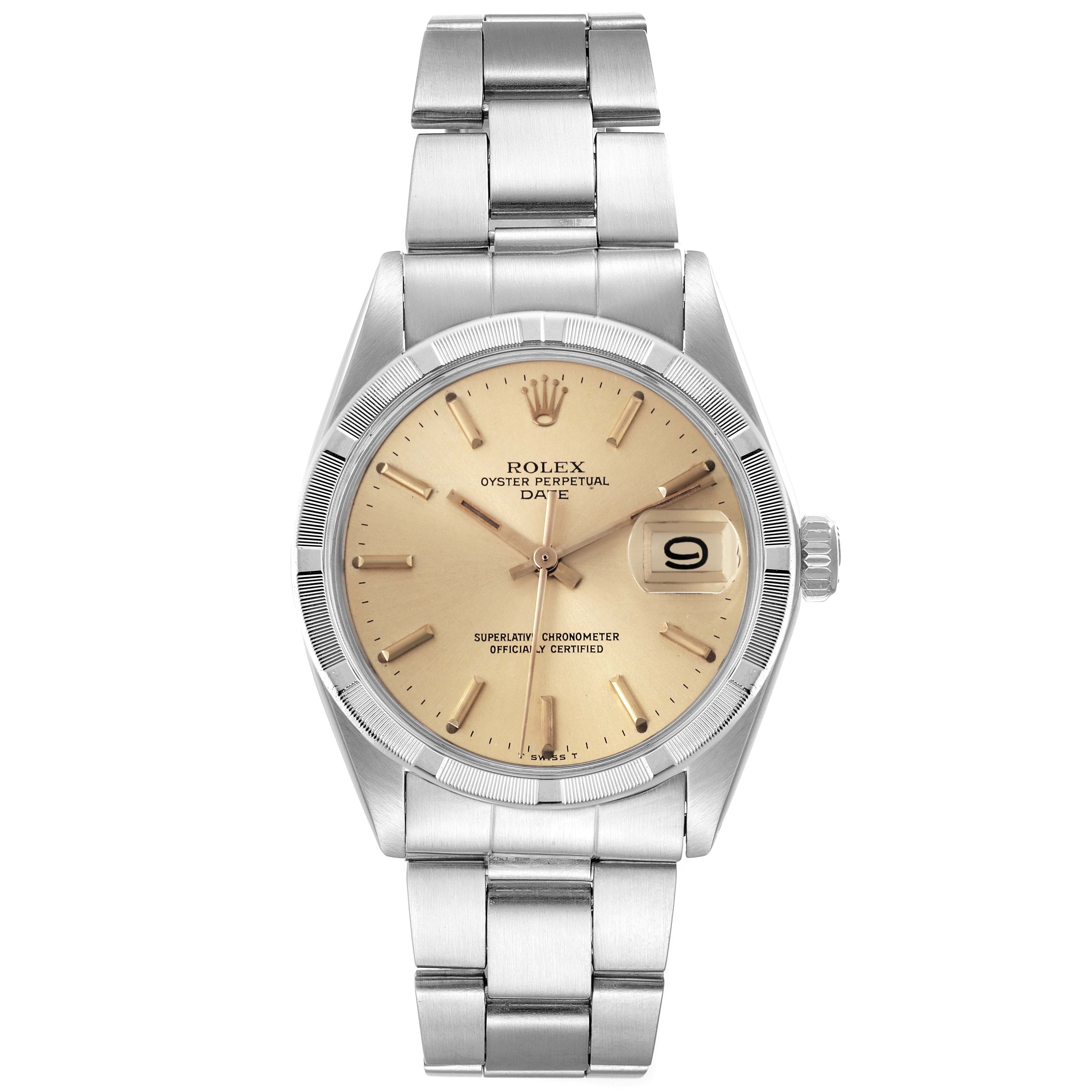 The image shows a front view of a Rolex Date 1501 Men's Stainless Steel Champagne Dial 1501 Men's Stainless Steel Champagne Dial model watch, displaying the dial, bezel, and full stainless-steel bracelet.