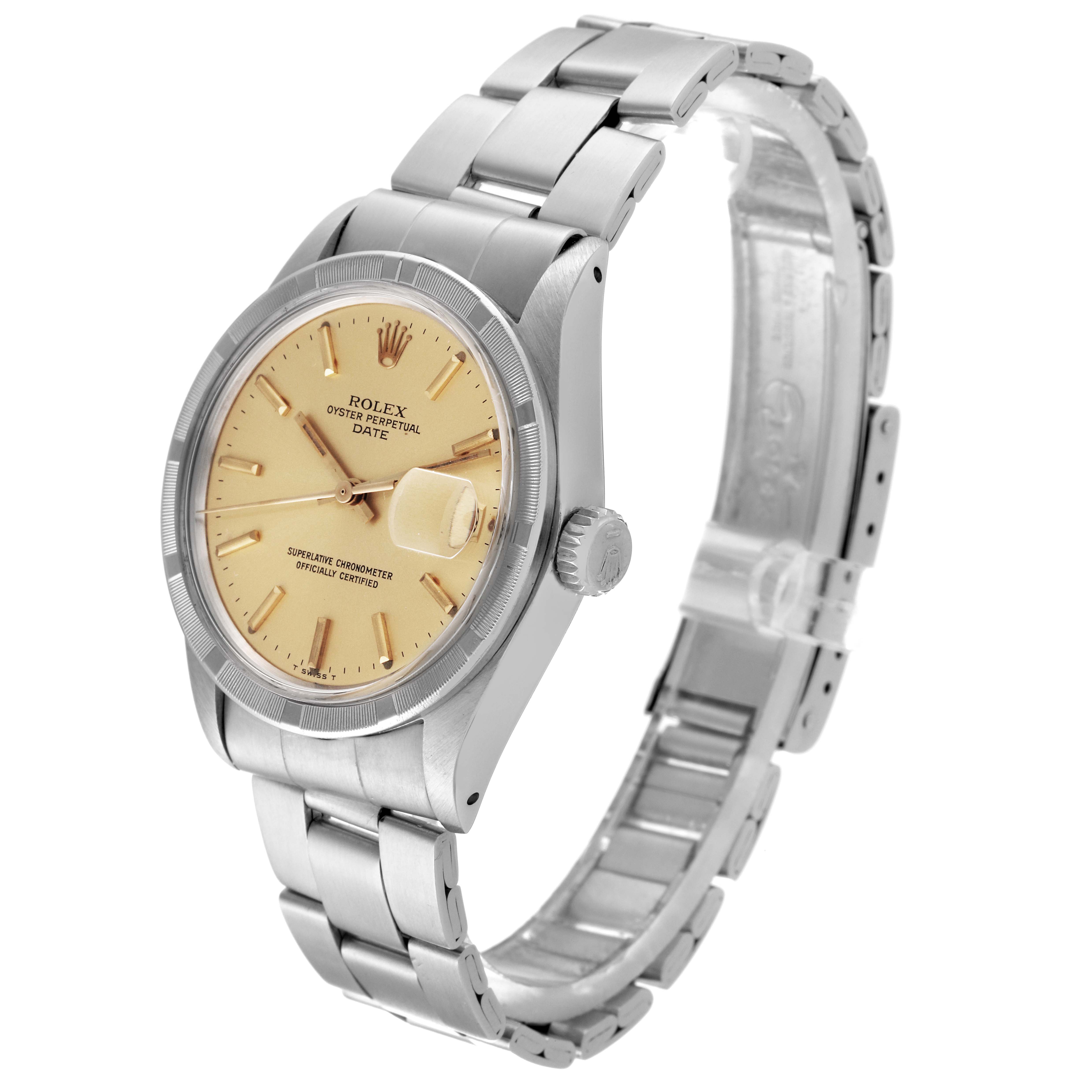 The image shows a side-angle view of a Rolex Oyster Perpetual Date model, highlighting the face, crown, and part of the bracelet.