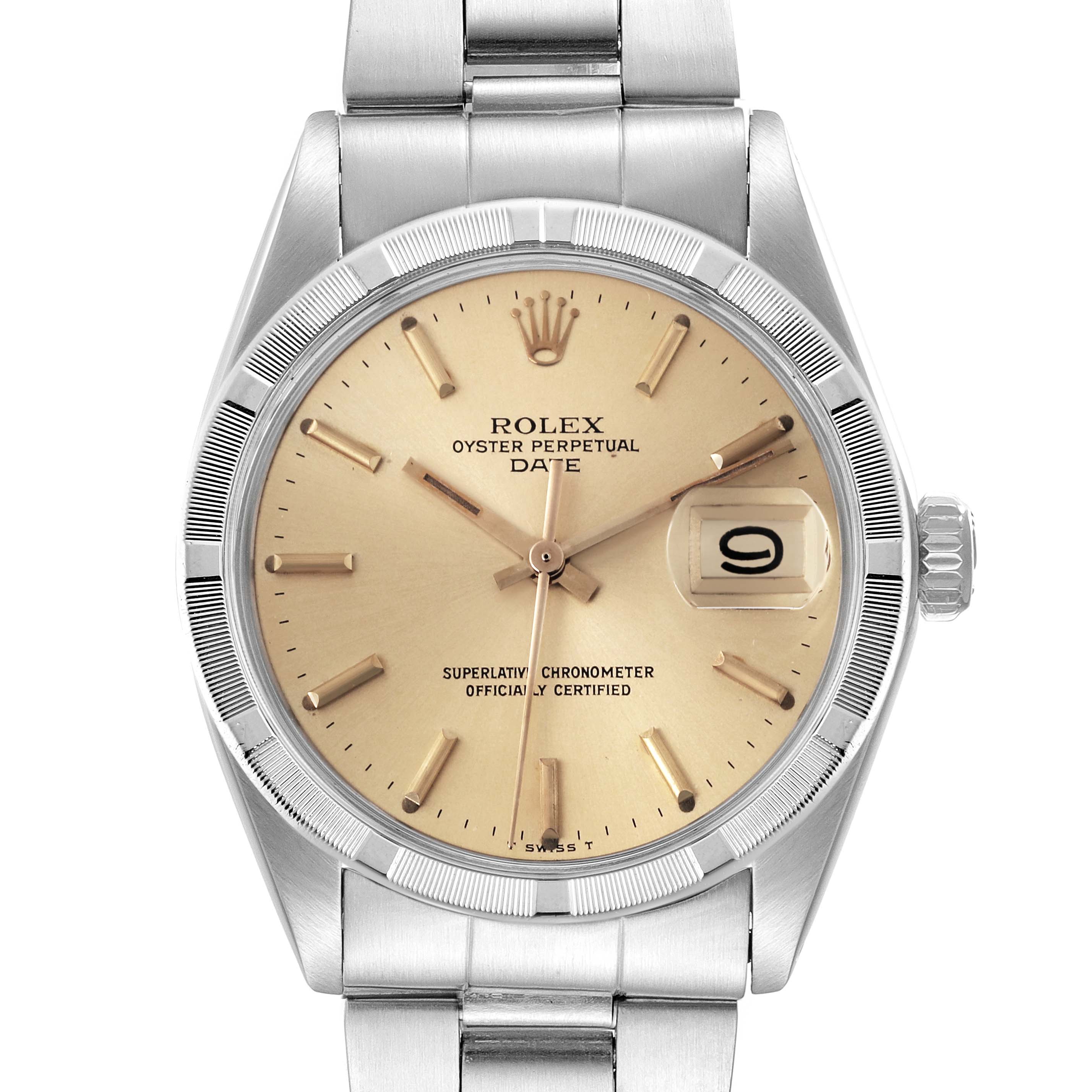 This image shows a front view of the Rolex Oyster Perpetual Date, highlighting its dial, hands, date window, and bracelet.
