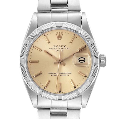 The Rolex Date watch is shown from the front angle, displaying its face, dial, case, bezel, and part of the bracelet.