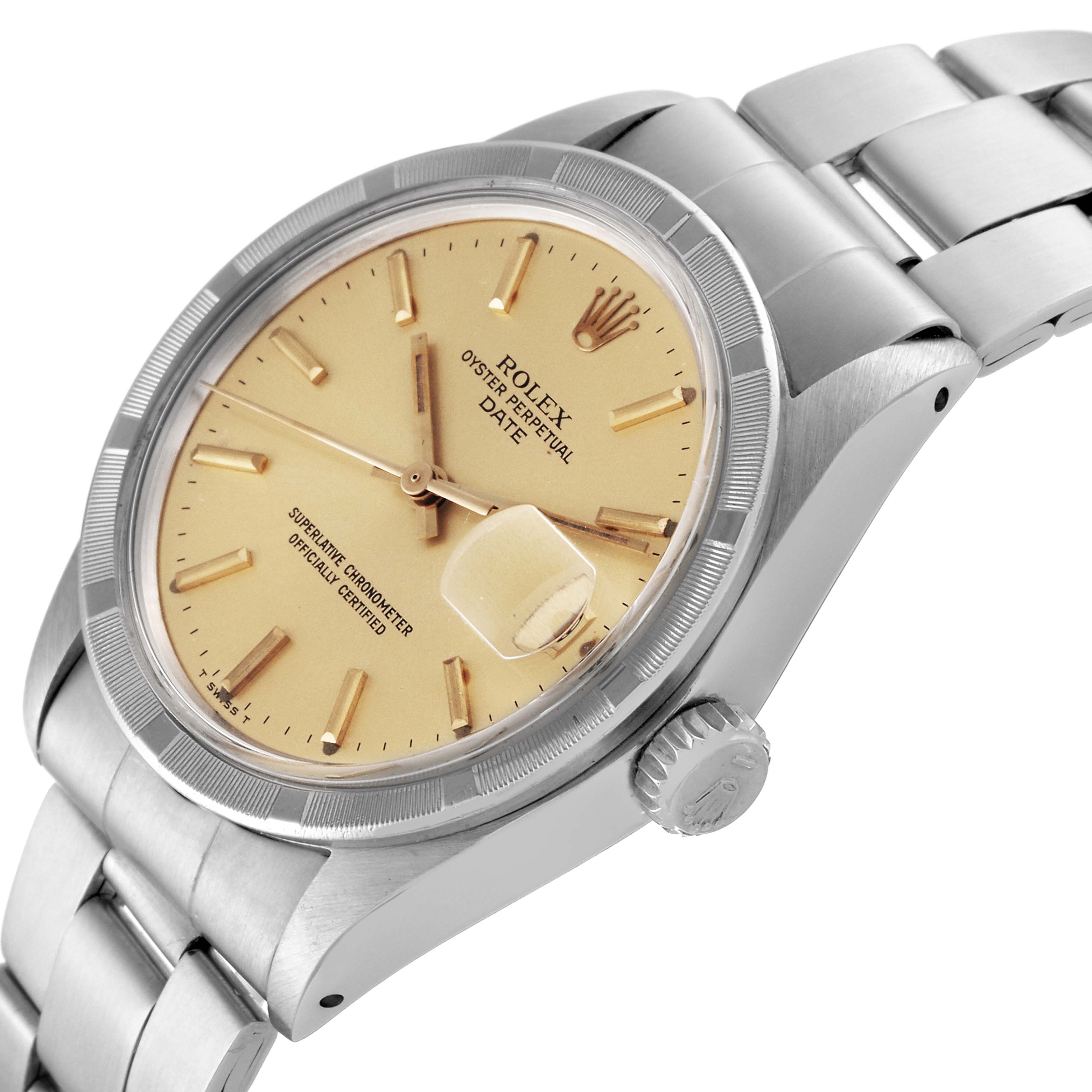 The image shows a Rolex Oyster Perpetual Date watch from an angled view, highlighting the dial, crown, and part of the bracelet.