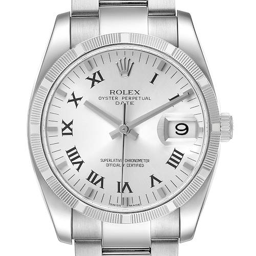 Photo of Rolex Date Silver Roman Dial Steel Mens Watch 115210
