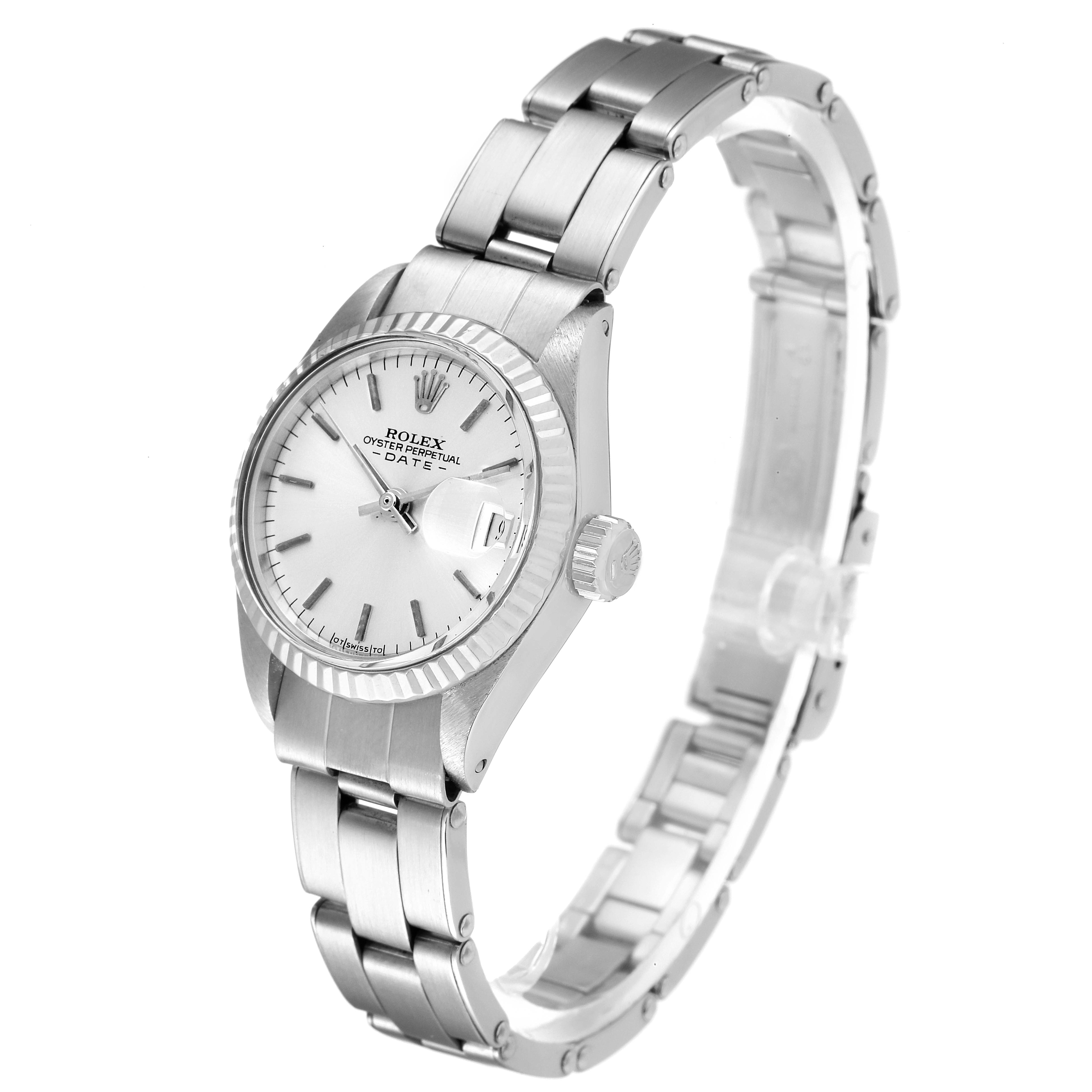 The image shows a frontal angled view of a Rolex Date 6917 Women's Stainless Steel Silver Dial 6917 Women's Stainless Steel Silver Dial model watch, highlighting the dial, bezel, crown, and bracelet.
