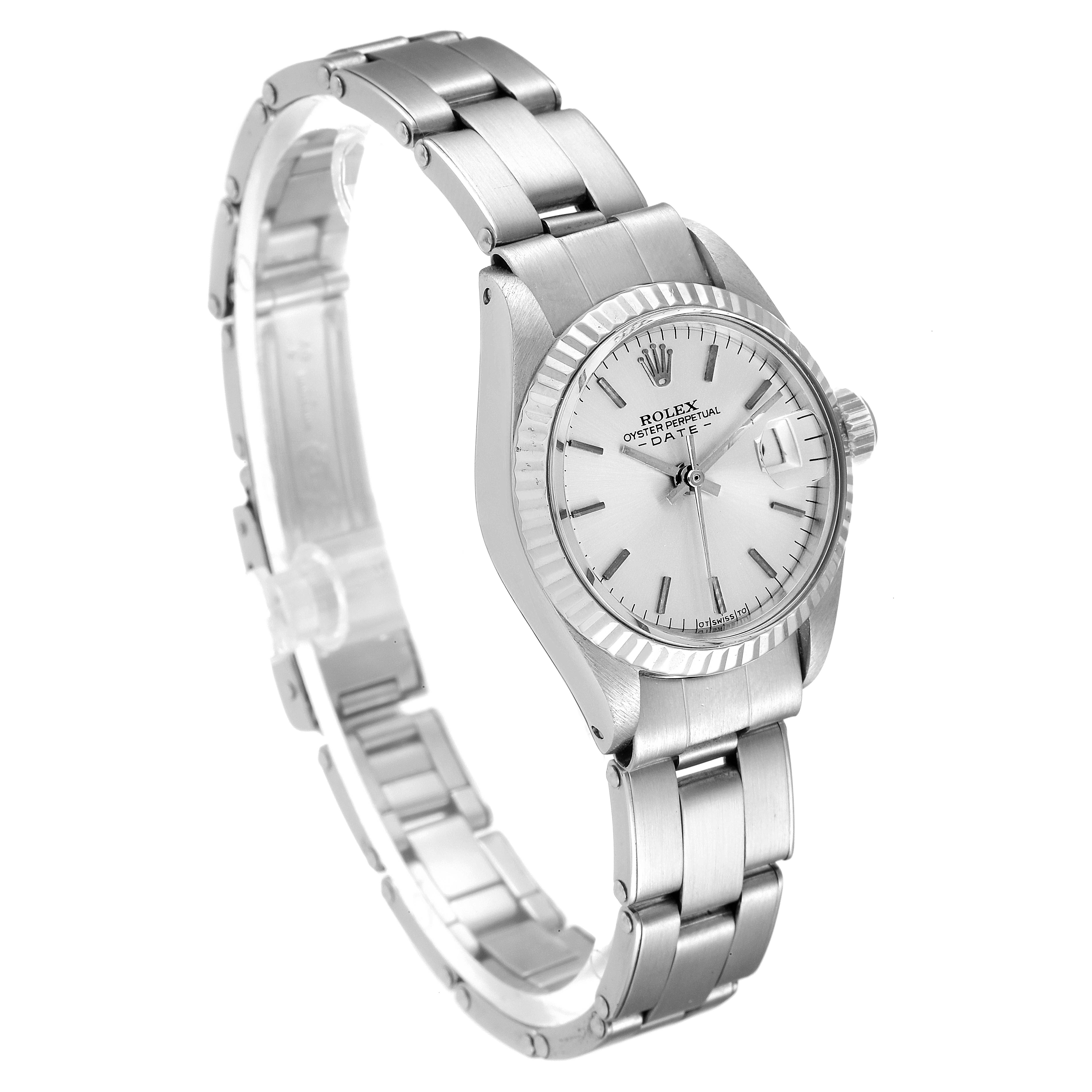 The image shows a Rolex Date 6917 Women's Stainless Steel Silver Dial 6917 Women's Stainless Steel Silver Dial model watch at a slight angle, highlighting its dial, bezel, crown, and bracelet.