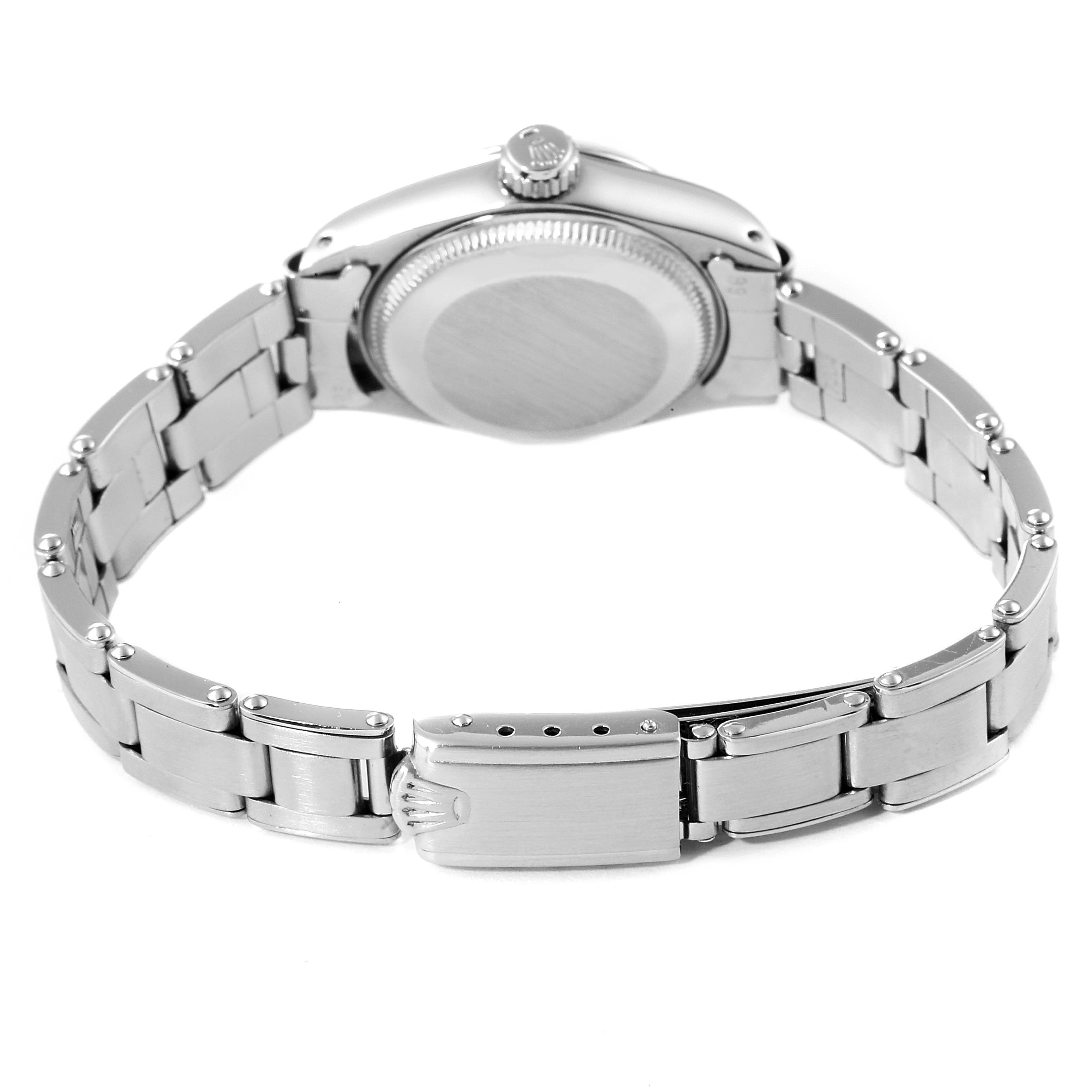 The image shows the back case and bracelet of a Rolex Date 6917 Women's Stainless Steel Silver Dial 6917 Women's Stainless Steel Silver Dial model watch from a rear angle.