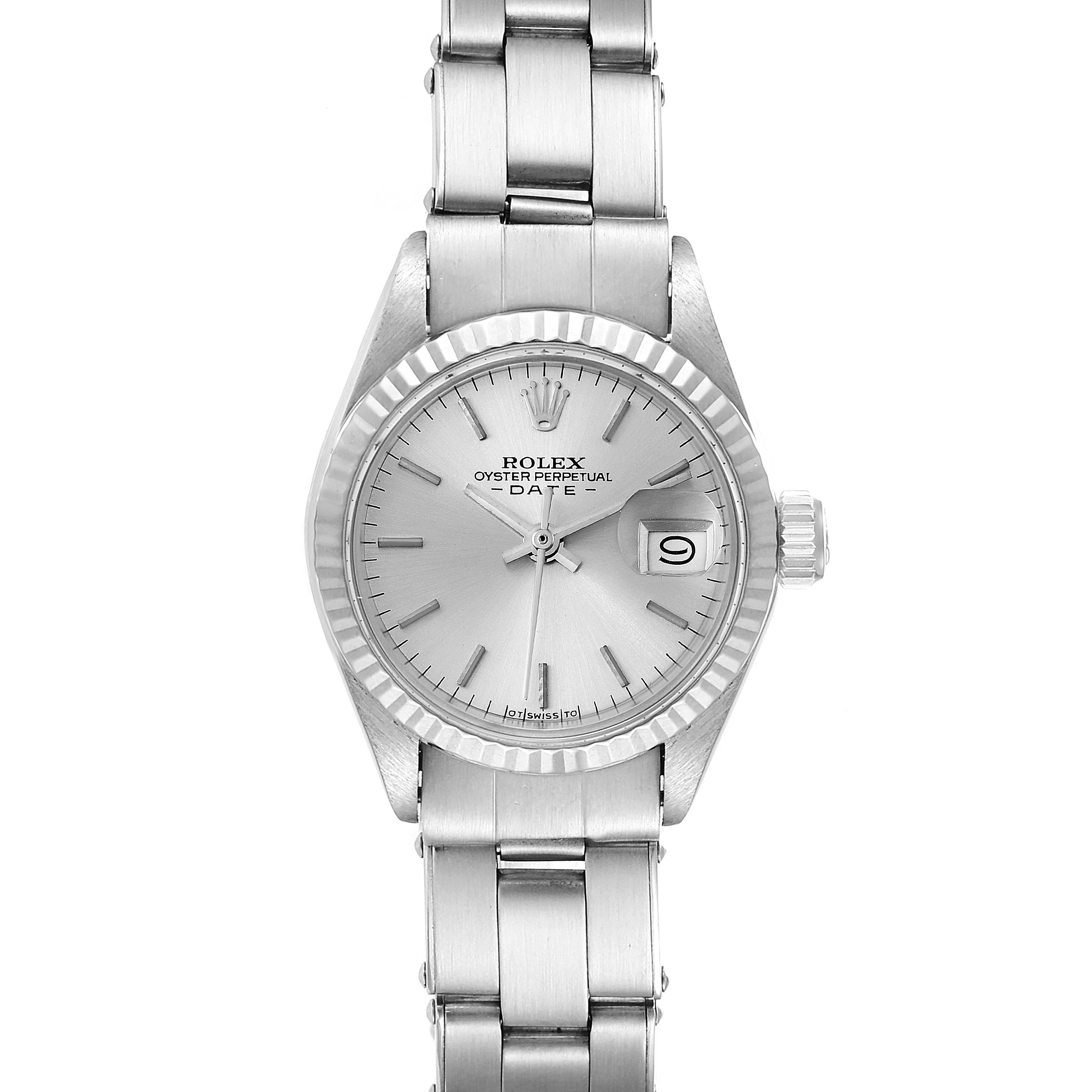 The Rolex Date 6917 Women's Stainless Steel Silver Dial 6917 Women's Stainless Steel Silver Dial model watch is shown from a top-down angle, highlighting the face, bezel, and bracelet.
