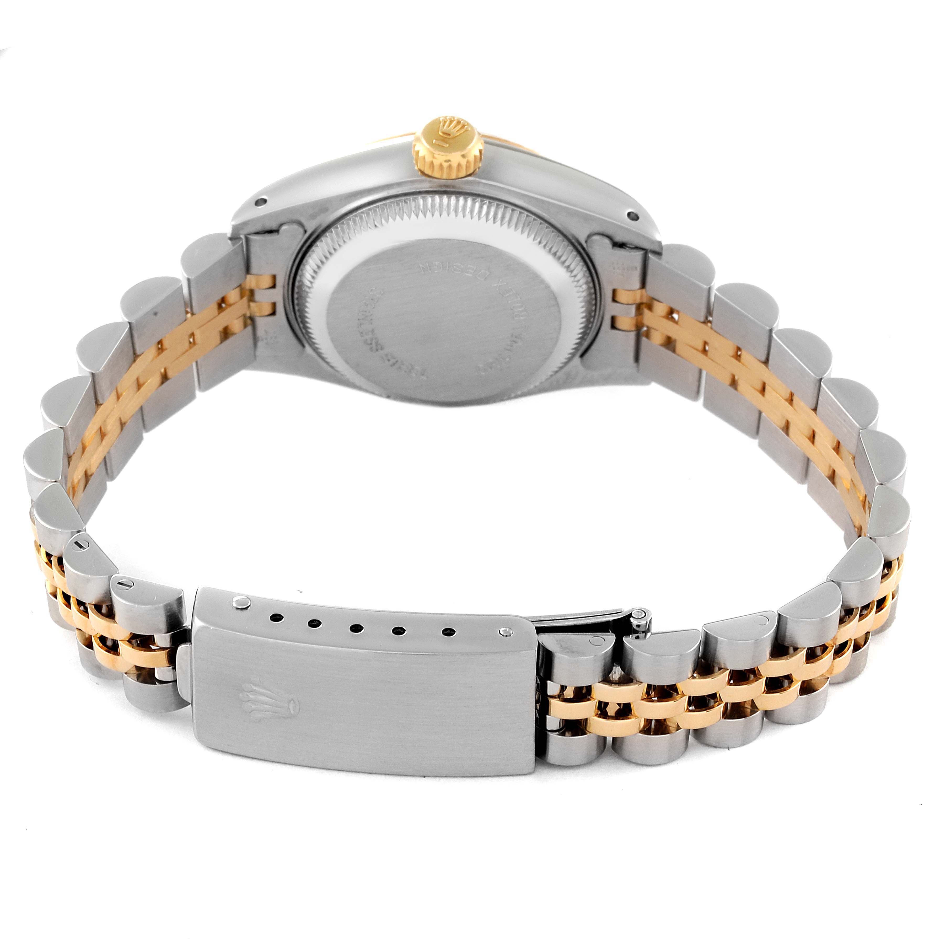 The image shows the back of the Rolex Datejust 69173 Women's Steel and Gold (two tone) White Dial 69173 Women's Steel and Gold (two tone) White Dial watch, focusing on the case back, crown, and two-tone Jubilee bracelet.