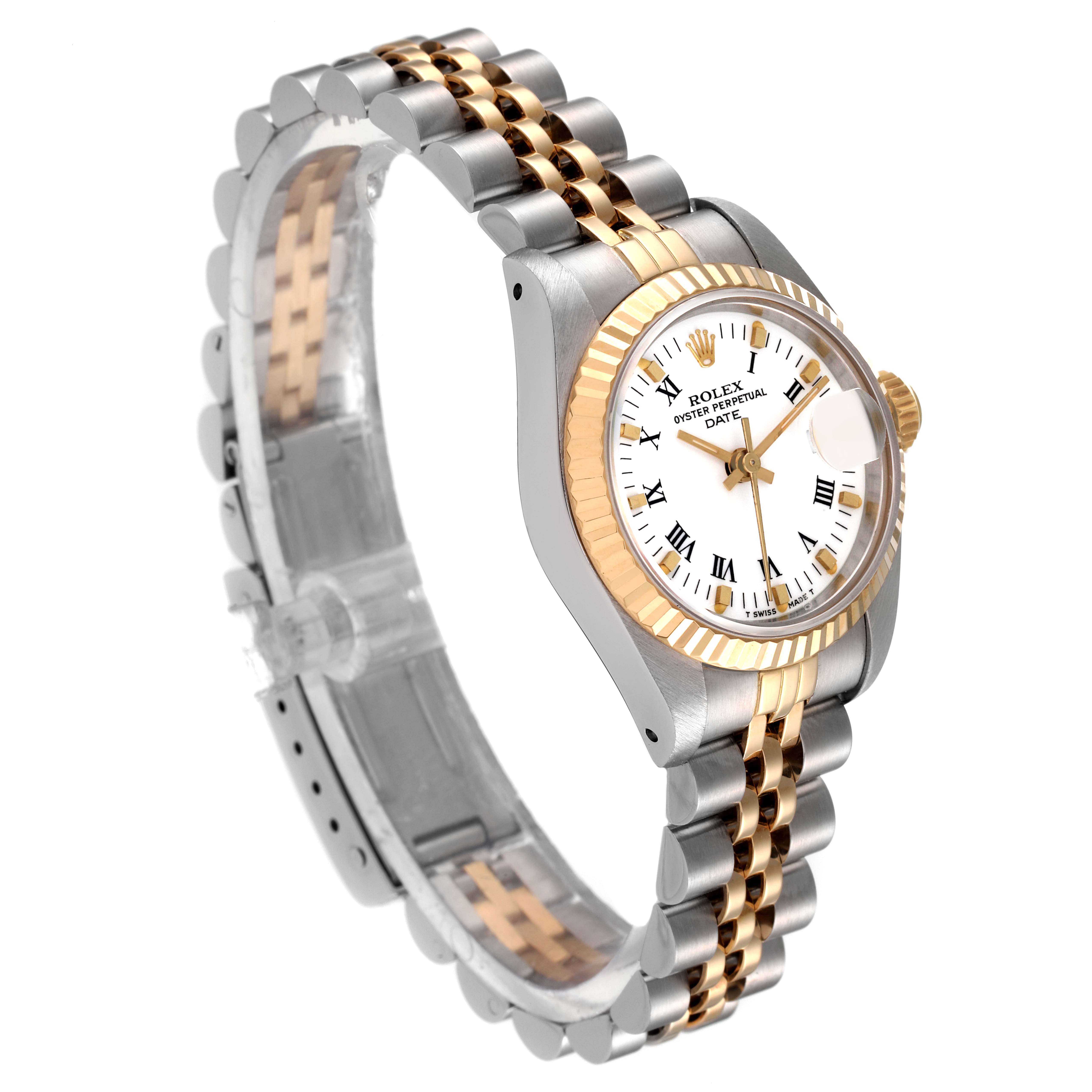 The image shows a Rolex Datejust 69173 Women's Steel and Gold (two tone) White Dial 69173 Women's Steel and Gold (two tone) White Dial watch at an angle highlighting its white dial, fluted bezel, and two-tone Jubilee bracelet.