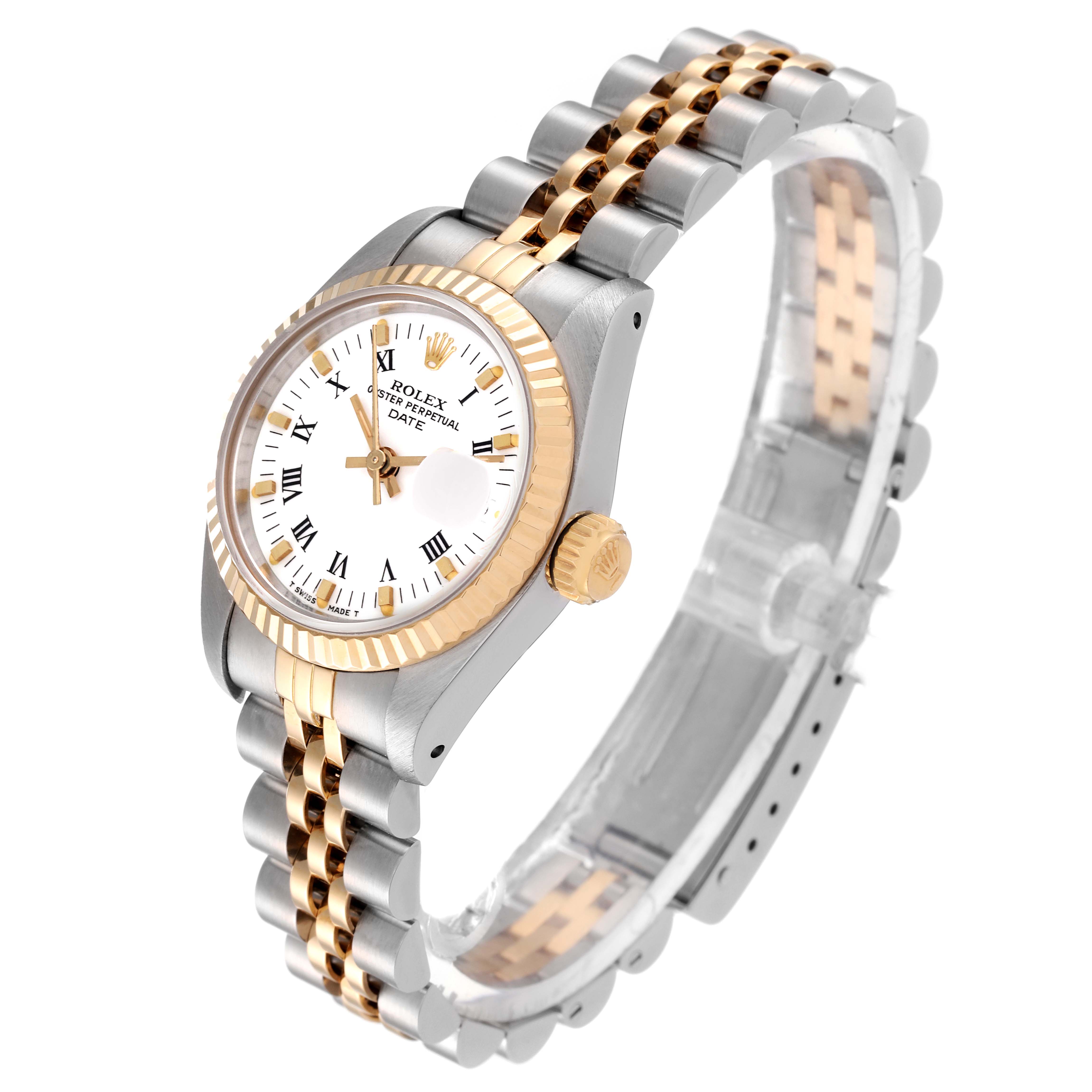 The image shows a Rolex Datejust 69173 Women's Steel and Gold (two tone) White Dial 69173 Women's Steel and Gold (two tone) White Dial watch at a slight angle from the front-left, highlighting the bezel, dial, crown, and jubilee bracelet.