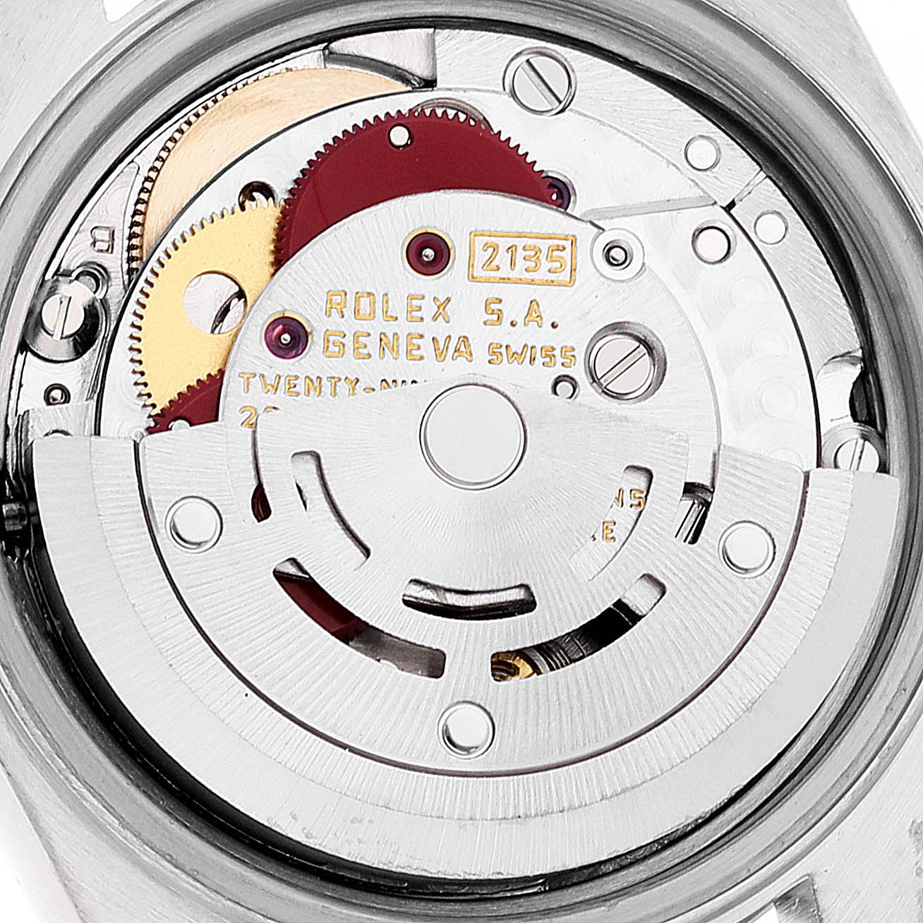 This image shows the internal movement mechanism of a Rolex Datejust 69173 Women's Steel and Gold (two tone) White Dial 69173 Women's Steel and Gold (two tone) White Dial watch, highlighting the rotor and gears.