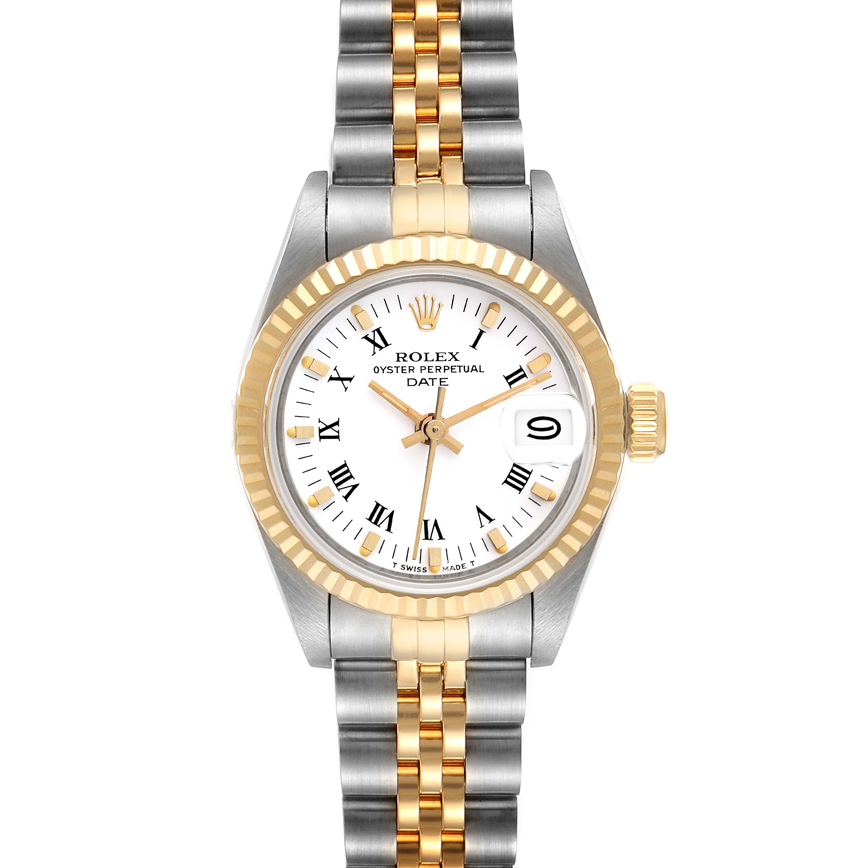 The image shows a front view of a Rolex Datejust 69173 Women's Steel and Gold (two tone) White Dial 69173 Women's Steel and Gold (two tone) White Dial watch, featuring a jubilee bracelet, fluted bezel, and a white dial with Roman numerals.