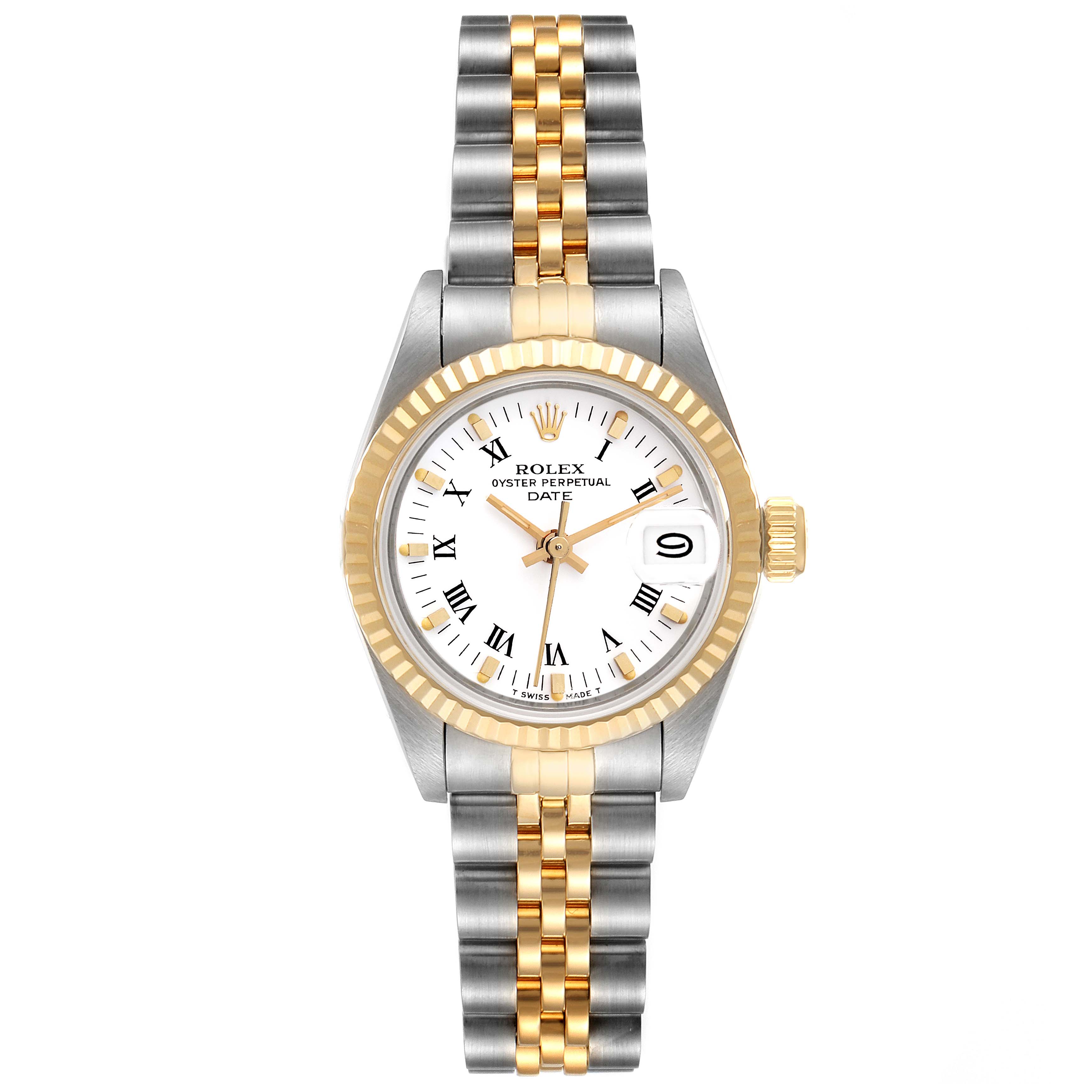 The Rolex Datejust 69173 Women's Steel and Gold (two tone) White Dial 69173 Women's Steel and Gold (two tone) White Dial watch is shown from the front, displaying the dial, bezel, and the two-tone Jubilee bracelet.