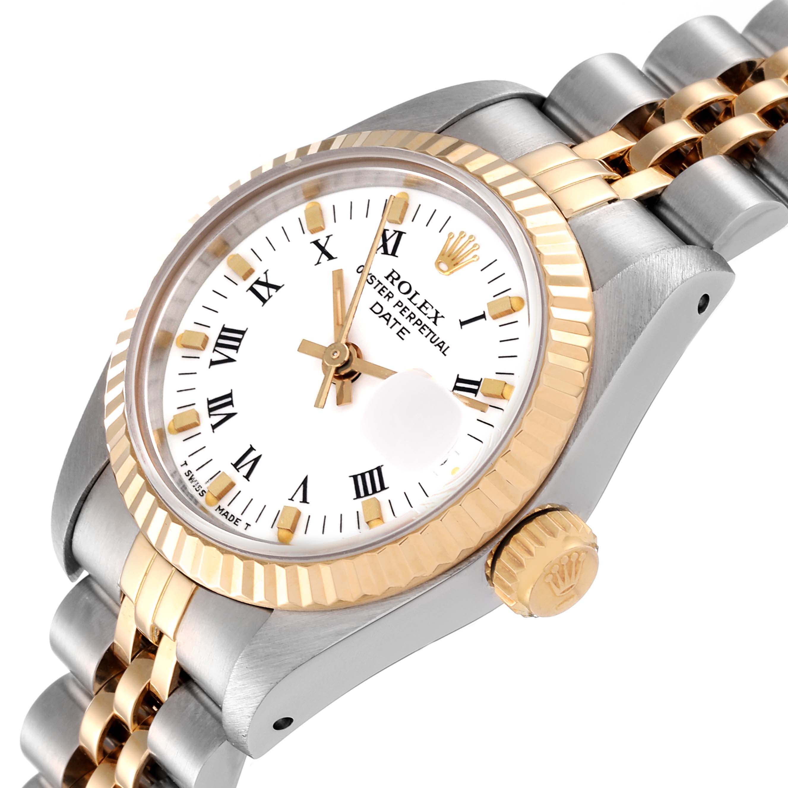 The image shows a close-up diagonal angle of a Rolex Datejust 69173 Women's Steel and Gold (two tone) White Dial 69173 Women's Steel and Gold (two tone) White Dial watch, highlighting the dial, bezel, crown, and part of the bracelet.