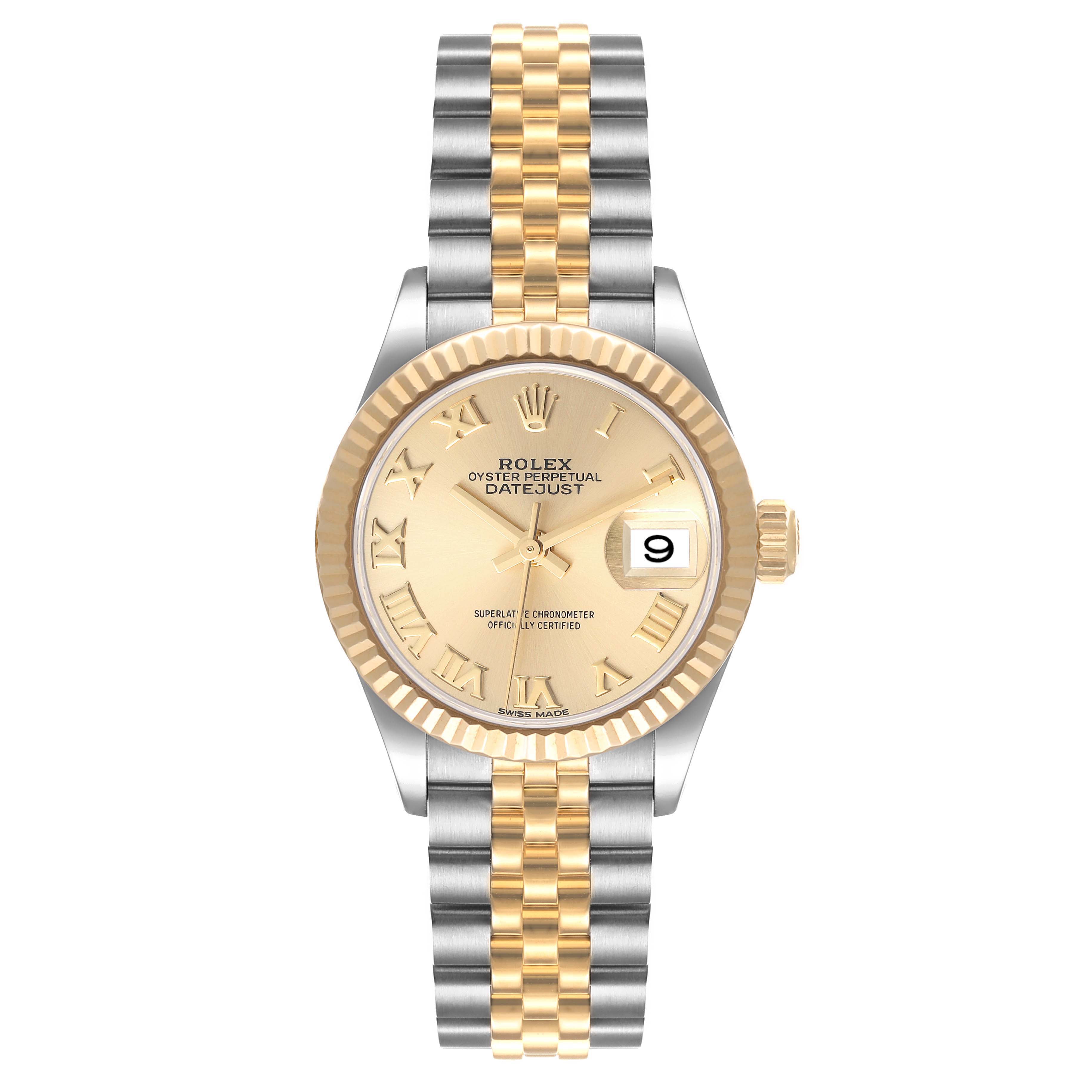 The Rolex Datejust 279173 Women's Steel and Gold (two tone) Champagne Dial 279173 Women's Steel and Gold (two tone) Champagne Dial watch is shown from a front angle, displaying its face, bezel, and bracelet.