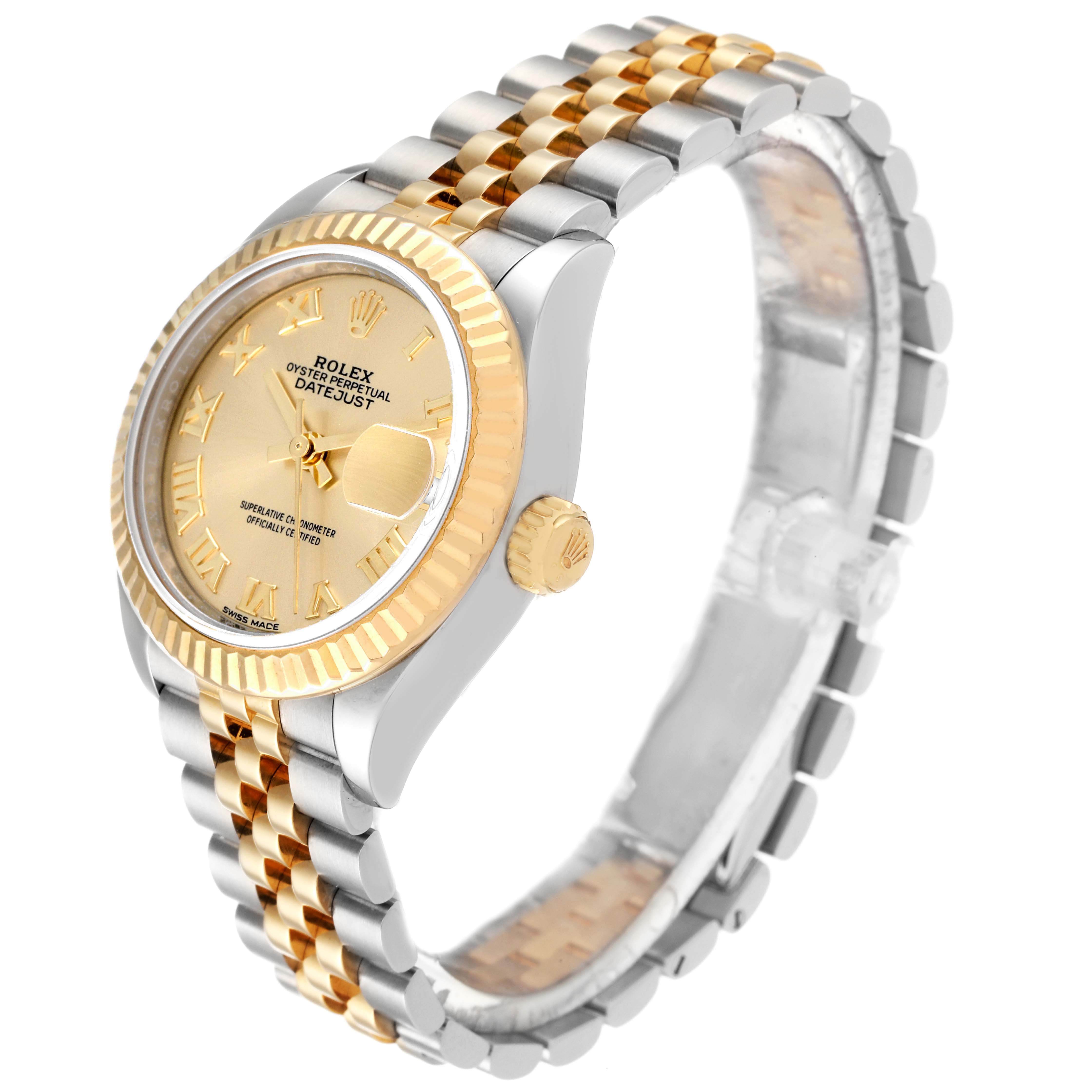 The Rolex Datejust 279173 Women's Steel and Gold (two tone) Champagne Dial 279173 Women's Steel and Gold (two tone) Champagne Dial watch is shown at an angle, displaying its gold and silver jubilee bracelet, bezel, dial, and crown.