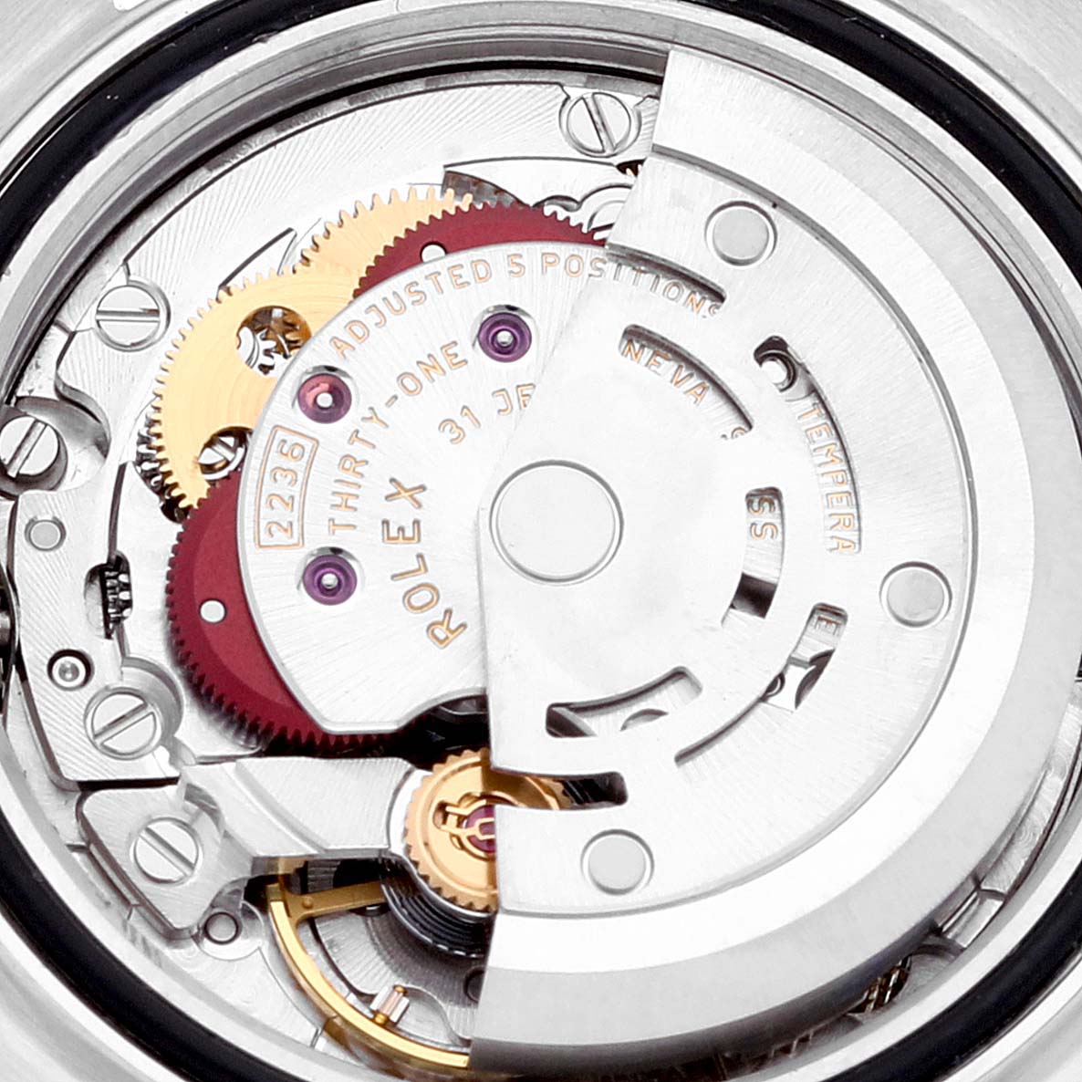 This image shows a close-up of the movement and internal mechanics of the Rolex Datejust 279173 Women's Steel and Gold (two tone) Champagne Dial 279173 Women's Steel and Gold (two tone) Champagne Dial watch.