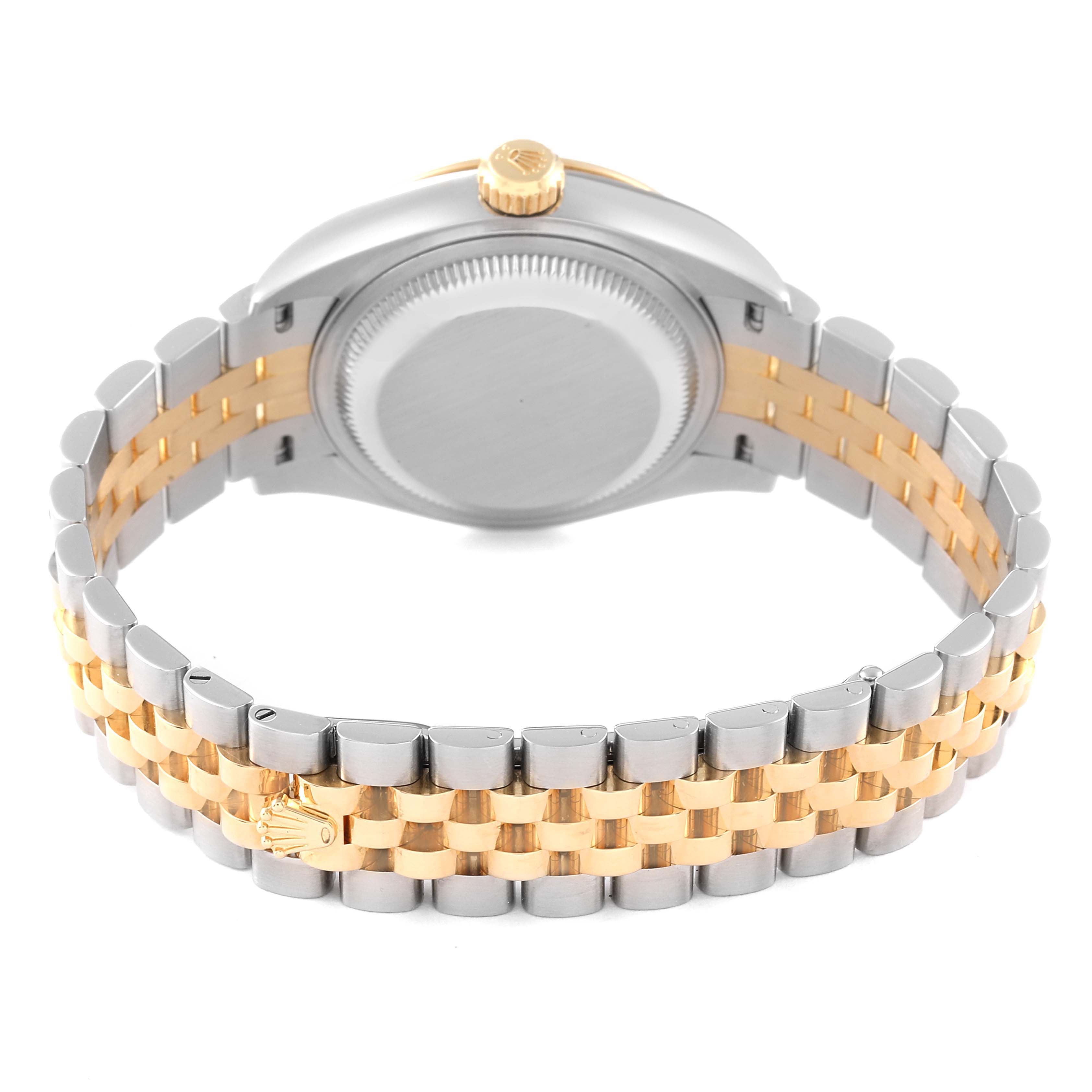 This image shows the back of a Rolex Datejust 279173 Women's Steel and Gold (two tone) Champagne Dial 279173 Women's Steel and Gold (two tone) Champagne Dial watch and its two-tone bracelet from a rear angle.