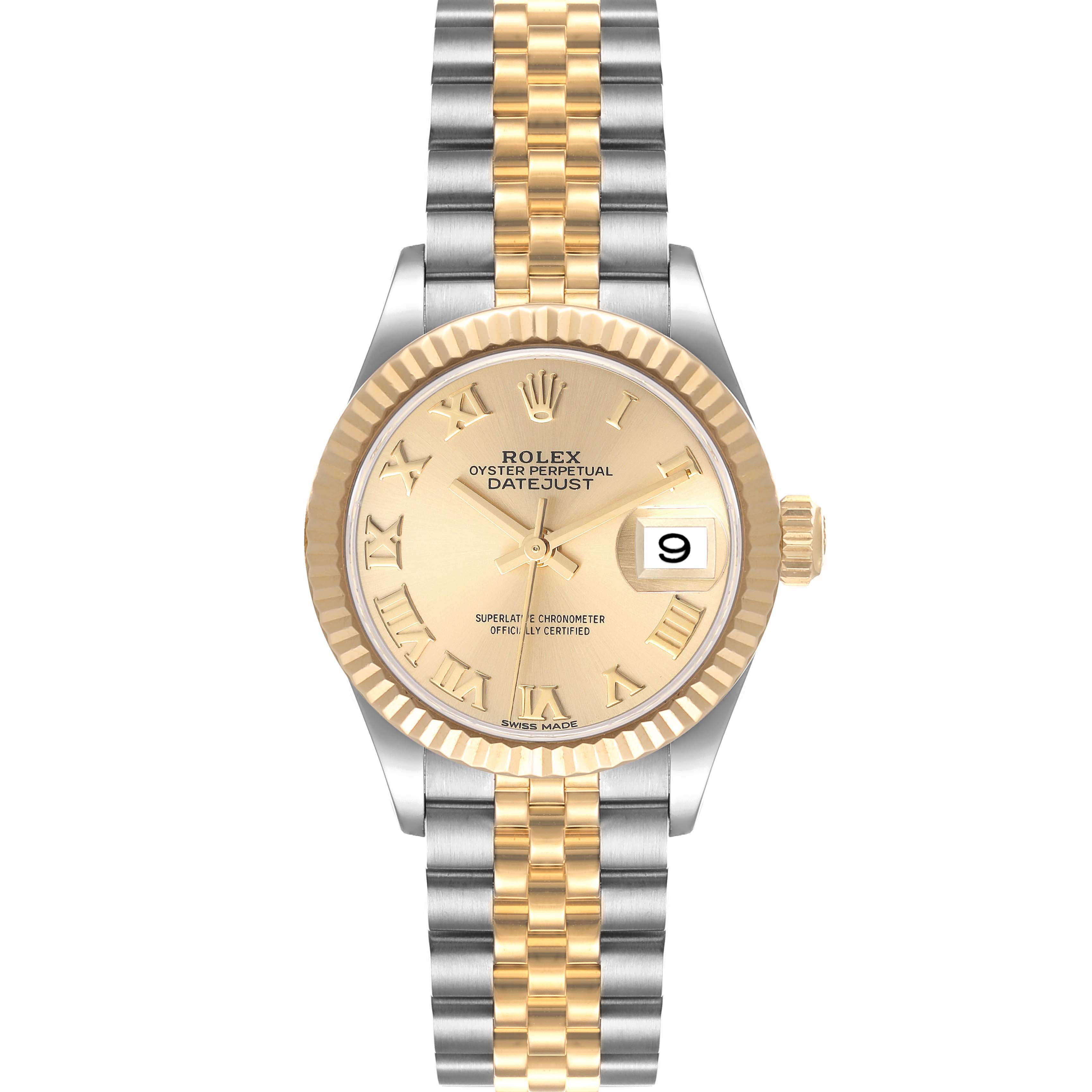 This is a frontal view of a Rolex Datejust 279173 Women's Steel and Gold (two tone) Champagne Dial 279173 Women's Steel and Gold (two tone) Champagne Dial watch showing the face, dial, crown, and two-tone bracelet.