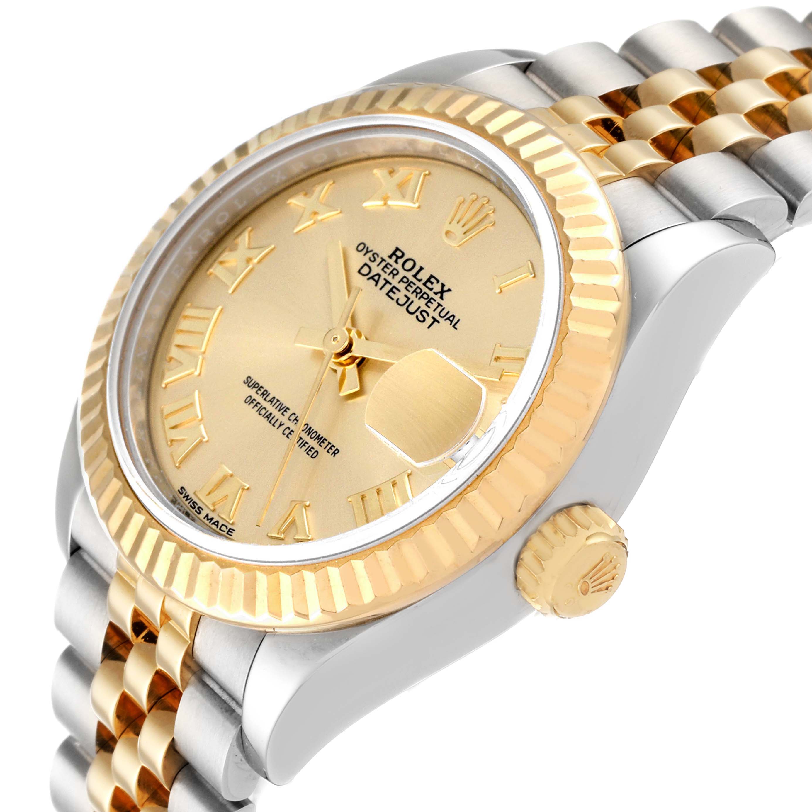 The image shows a close-up of a Rolex Datejust 279173 Women's Steel and Gold (two tone) Champagne Dial 279173 Women's Steel and Gold (two tone) Champagne Dial watch, highlighting the gold dial, bezel, and part of the Jubilee bracelet.