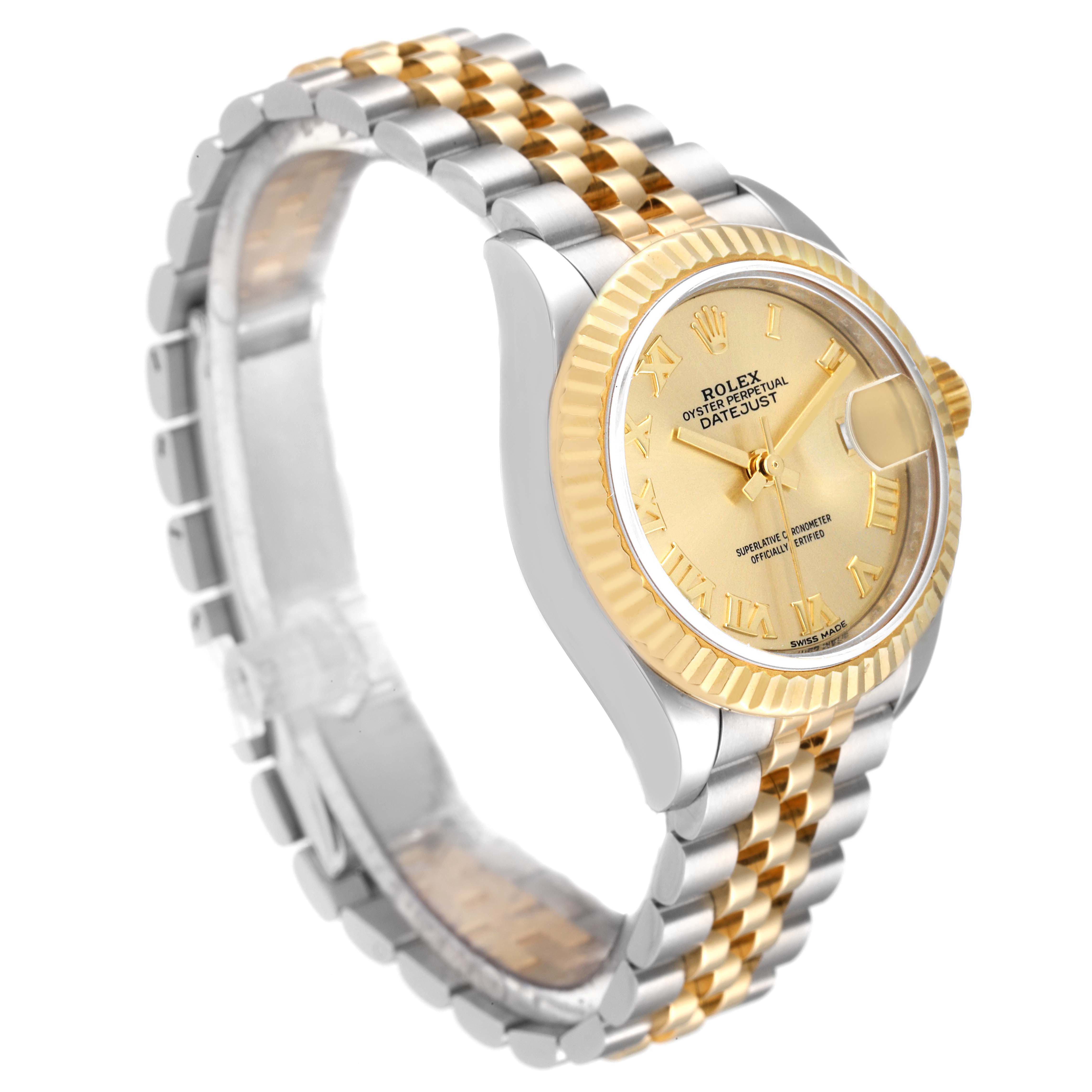 The Rolex Datejust 279173 Women's Steel and Gold (two tone) Champagne Dial 279173 Women's Steel and Gold (two tone) Champagne Dial watch is shown at a side angle, displaying the bezel, dial, and Jubilee bracelet.