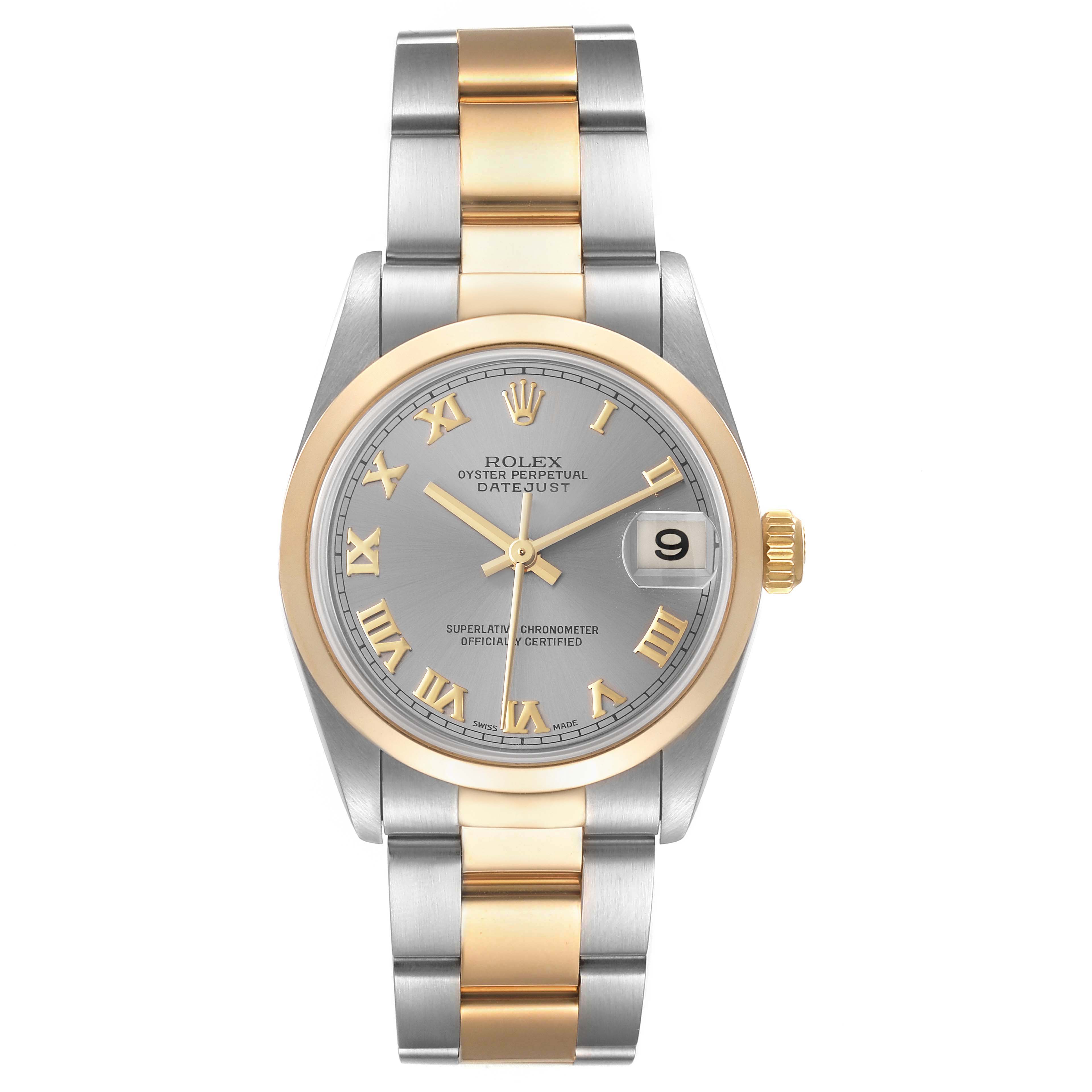 The image shows a front view of a Rolex Mid-Size 78243 Women's Steel and Gold (two tone) Grey Dial 78243 Women's Steel and Gold (two tone) Grey Dial Datejust watch with a two-tone bracelet and gold accents on the bezel and dial.