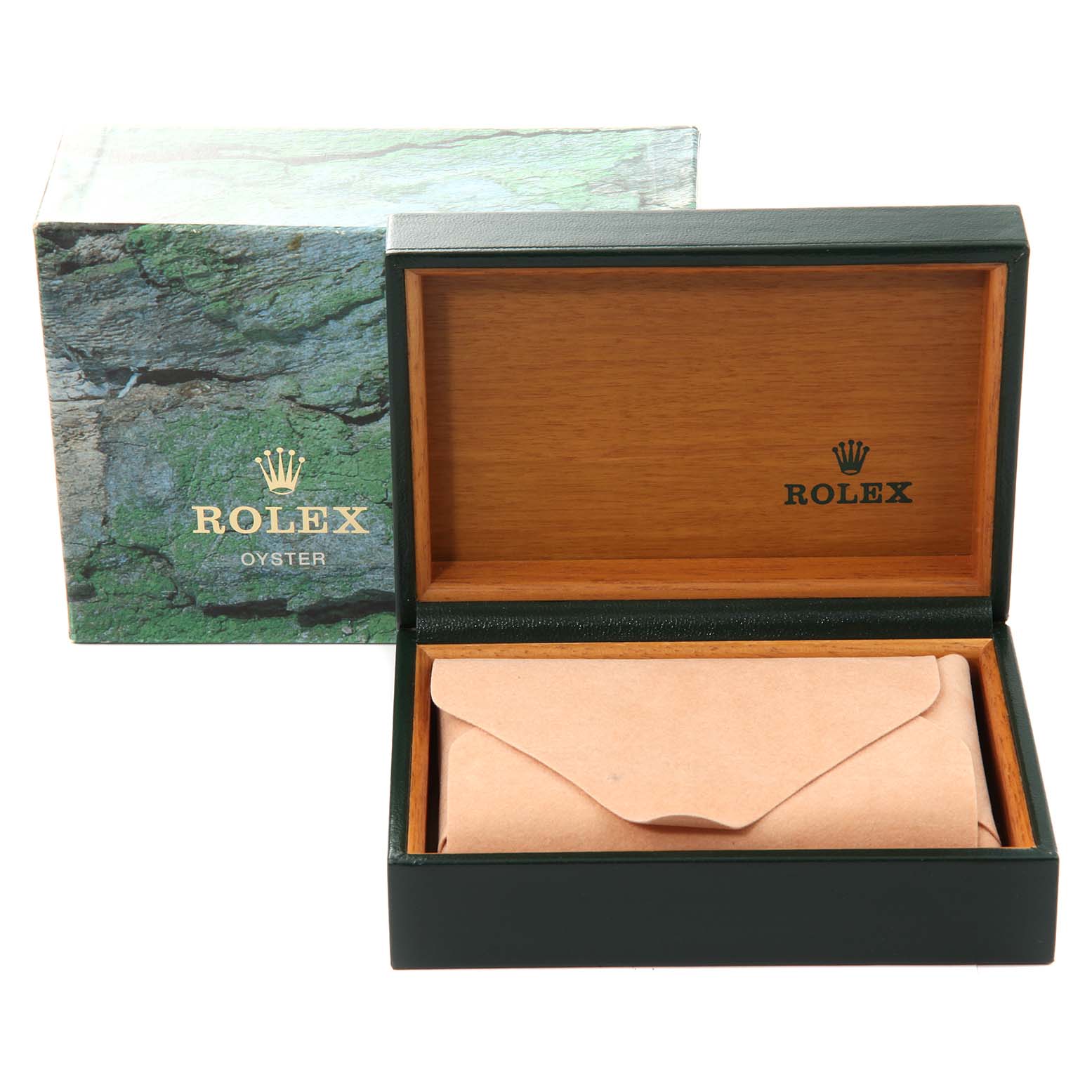 The image shows an open Rolex box with a green outer box and a wooden interior, containing a beige envelope, for a Rolex Mid-Size 78243 Women's Steel and Gold (two tone) Grey Dial 78243 Women's Steel and Gold (two tone) Grey Dial model watch.
