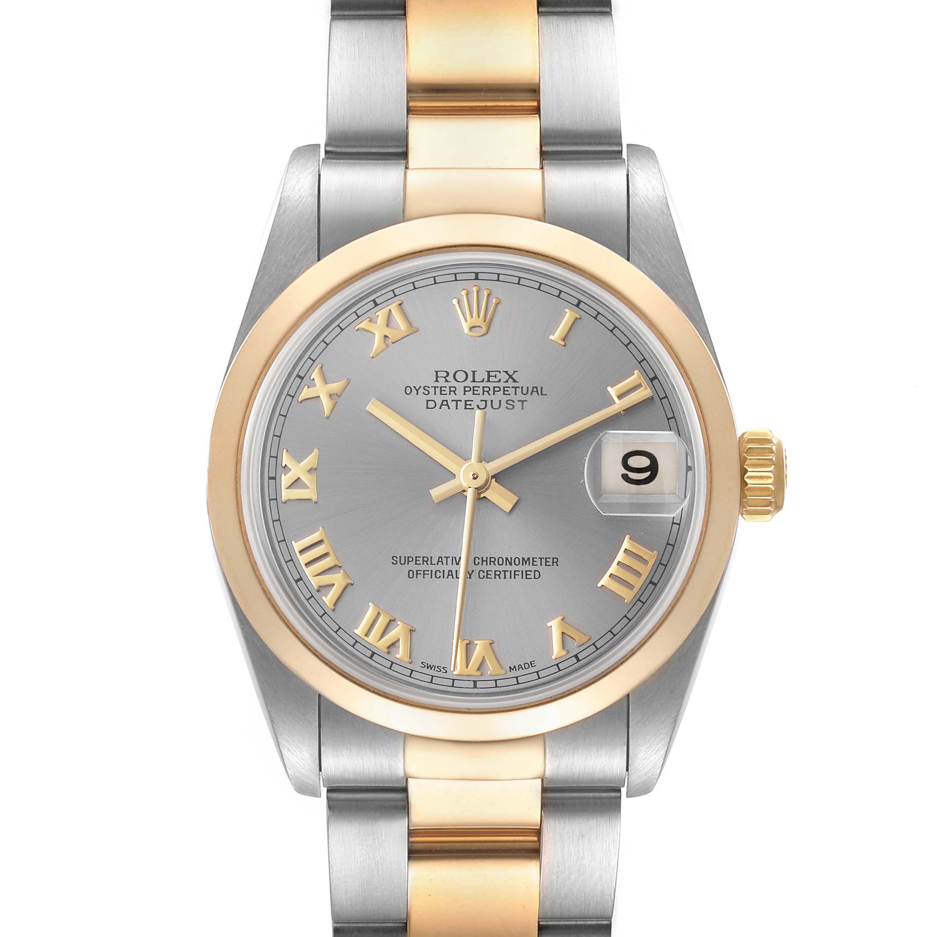 The image shows the front view of a Rolex Oyster Perpetual Datejust Mid-Size watch, highlighting the dial, bezel, and bracelet.