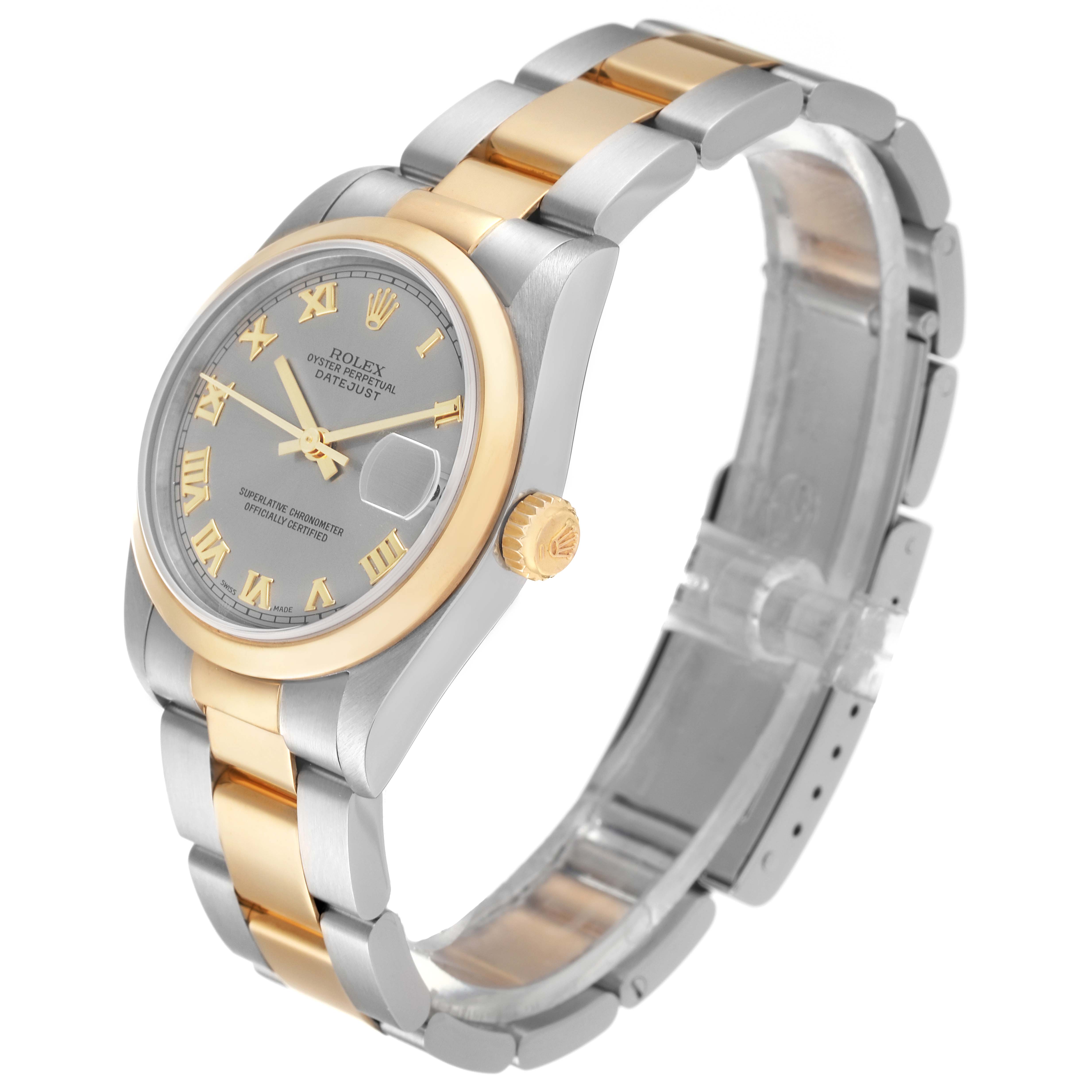 The image shows a Mid-Size Rolex Oyster Perpetual Datejust watch from an angled side view, including the face, bezel, and bracelet.