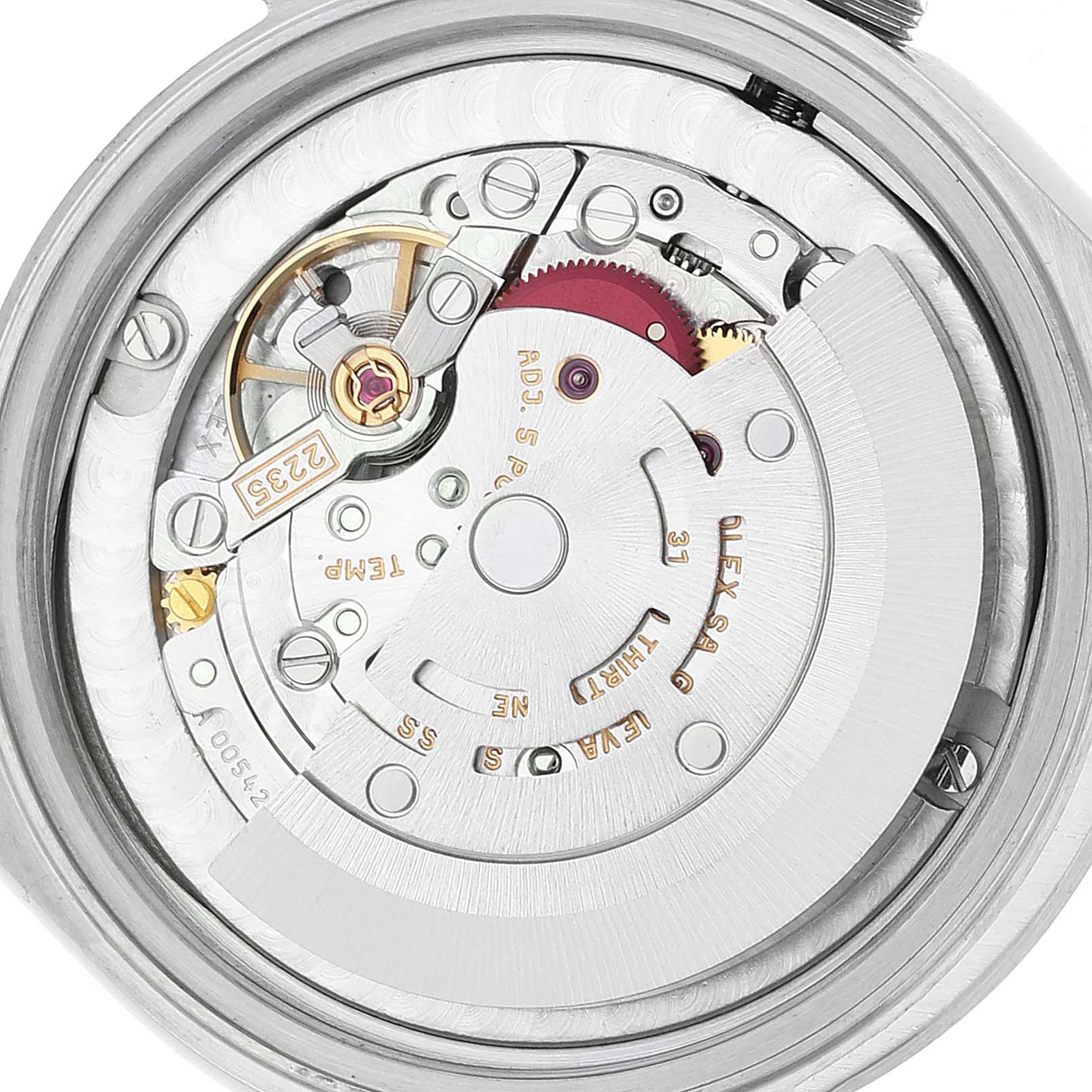 The image shows a close-up view of the internal mechanism of a Rolex Mid-Size 78243 Women's Steel and Gold (two tone) Grey Dial 78243 Women's Steel and Gold (two tone) Grey Dial model watch, focusing on its intricate components.
