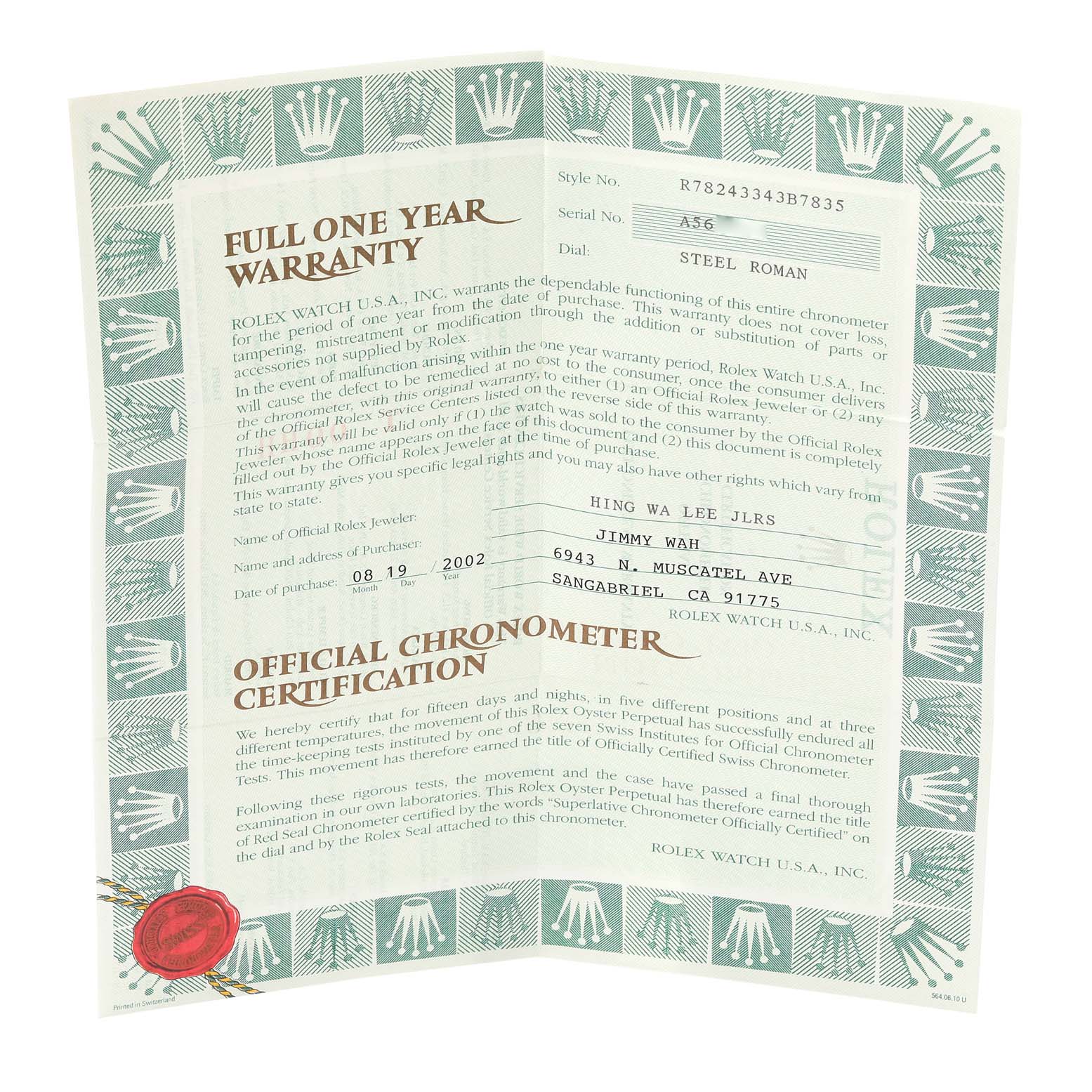 This is a warranty and certification document for a Rolex Mid-Size 78243 Women's Steel and Gold (two tone) Grey Dial 78243 Women's Steel and Gold (two tone) Grey Dial watch, including details like serial number and purchase date.