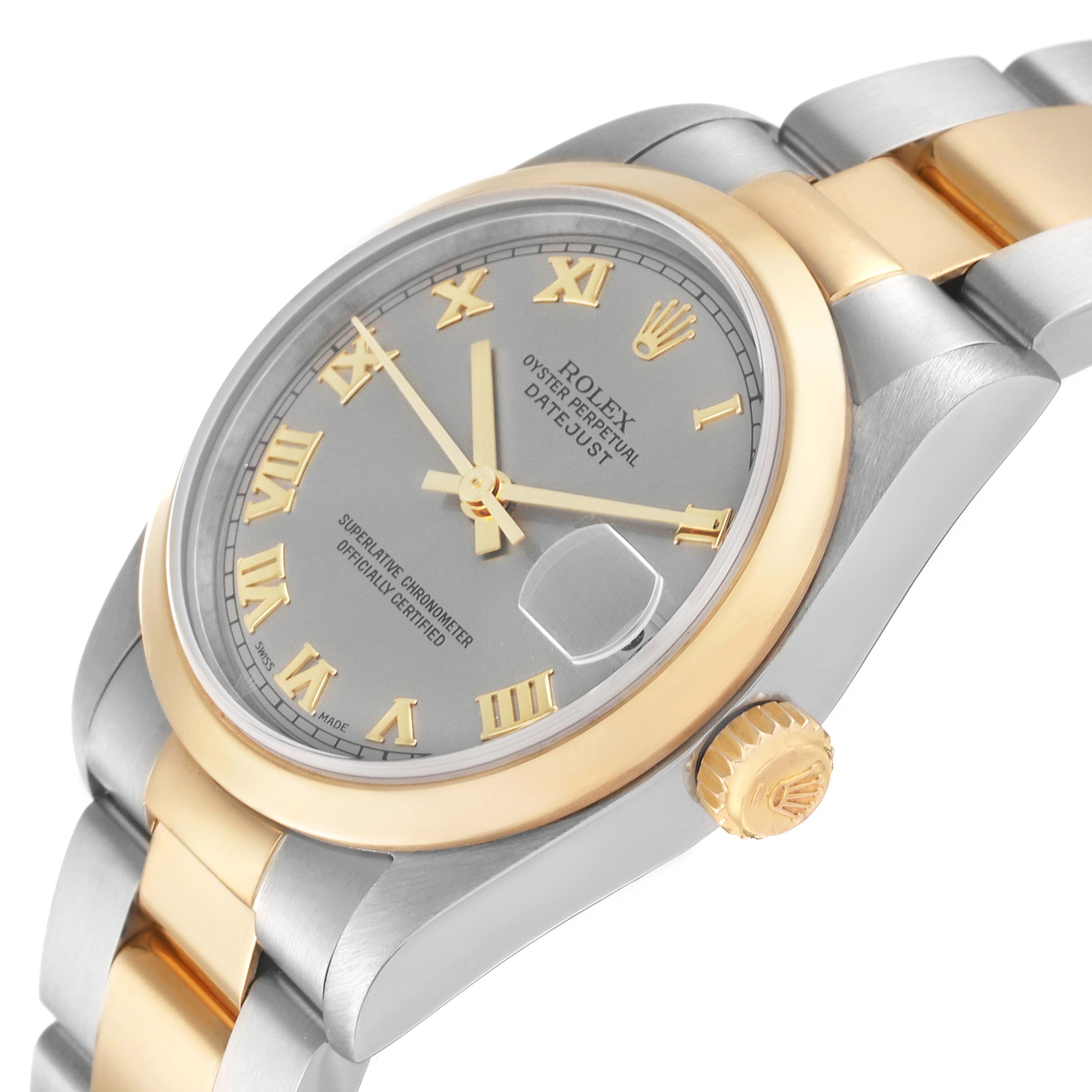 The image shows a close-up angle of the Rolex Mid-Size 78243 Women's Steel and Gold (two tone) Grey Dial 78243 Women's Steel and Gold (two tone) Grey Dial Datejust, highlighting the face, bezel, and part of the bracelet.
