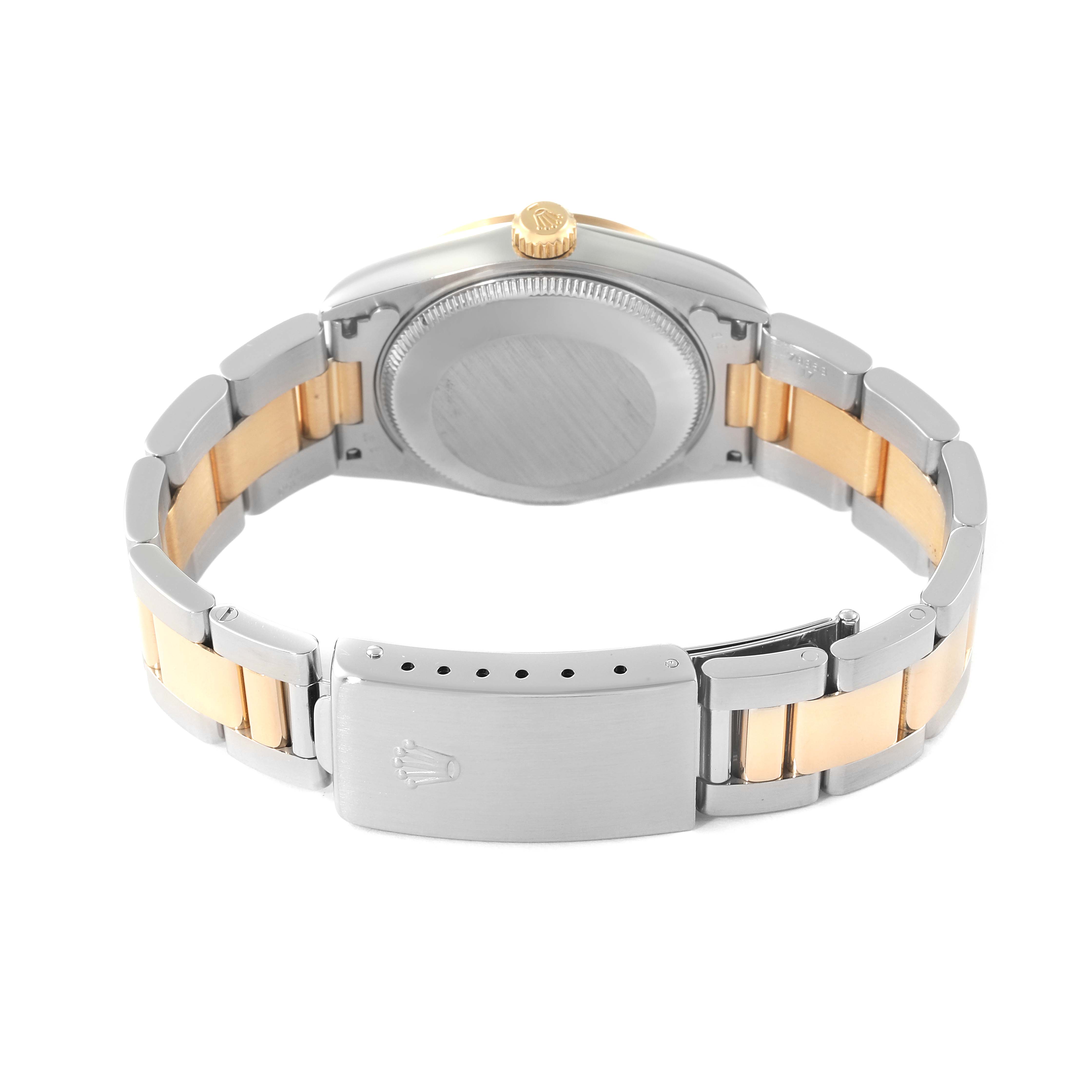 The image shows the back view of a Mid-Size Rolex watch, highlighting its bracelet, clasp, crown, and case back.