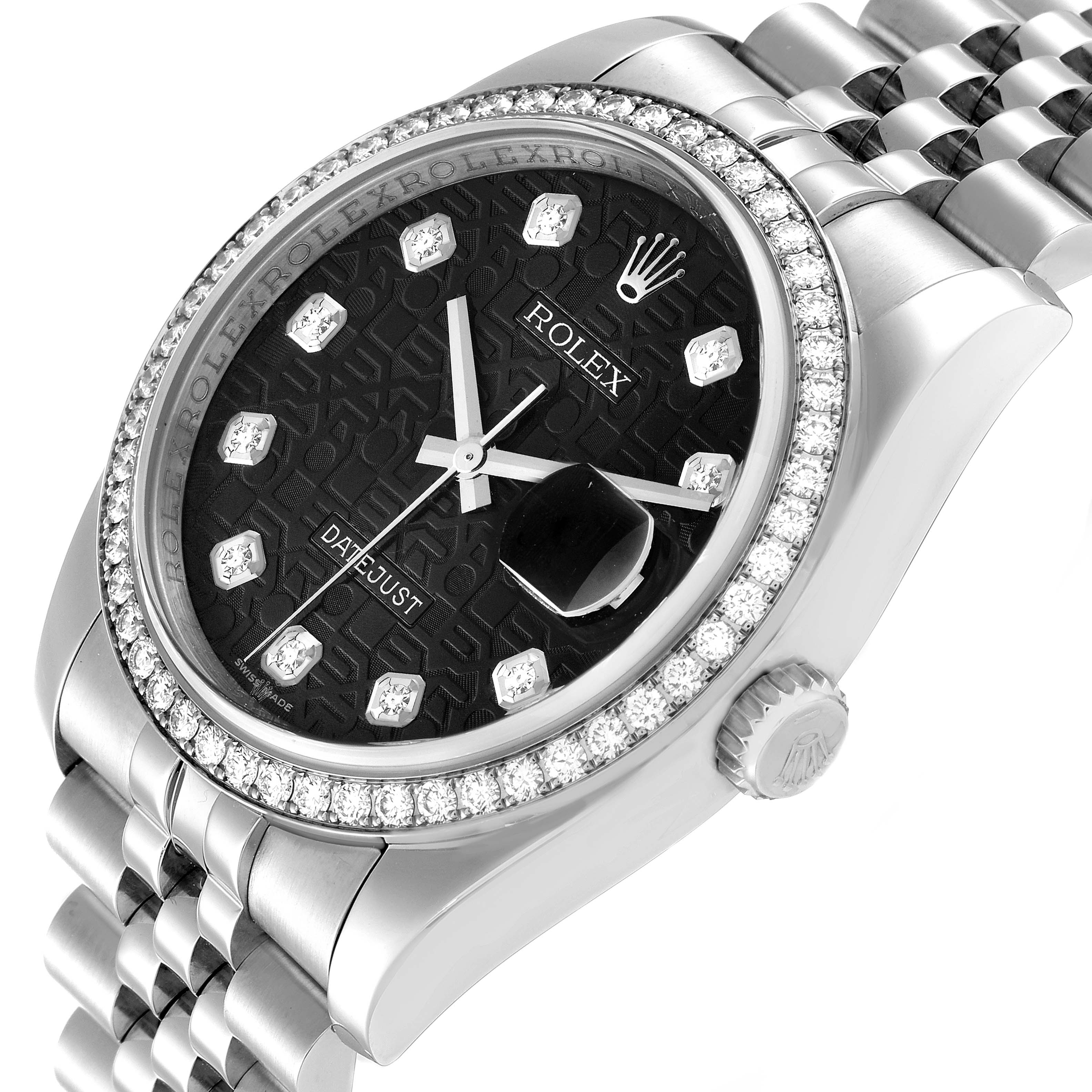 The Rolex Datejust 116244 Men's Stainless Steel Black Dial 116244 Men's Stainless Steel Black Dial watch is shown at an angle highlighting the face, bezel, and part of the bracelet.