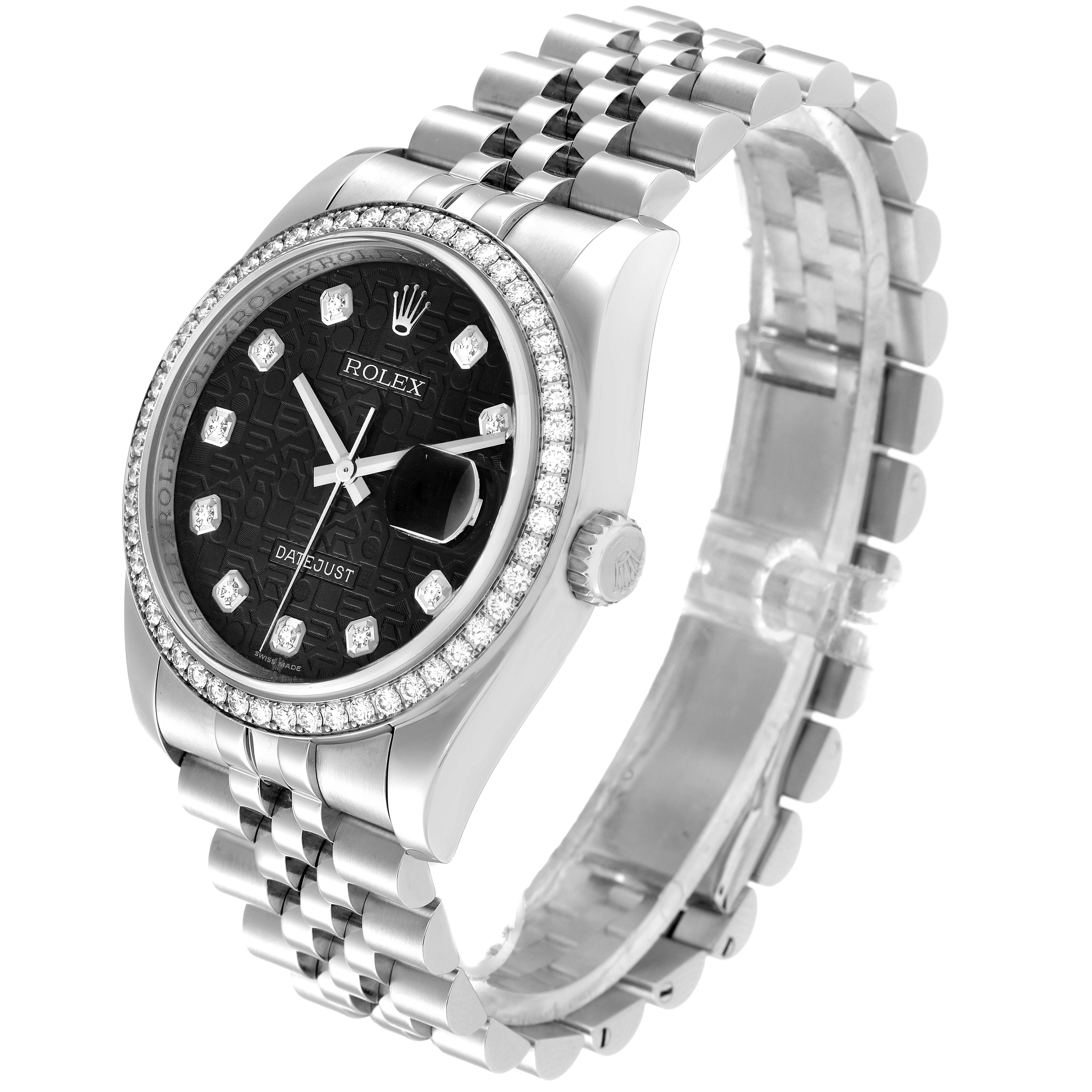 This image shows a Rolex Datejust 116244 Men's Stainless Steel Black Dial 116244 Men's Stainless Steel Black Dial watch from an angled side view, highlighting the dial, bezel, crown, and bracelet.