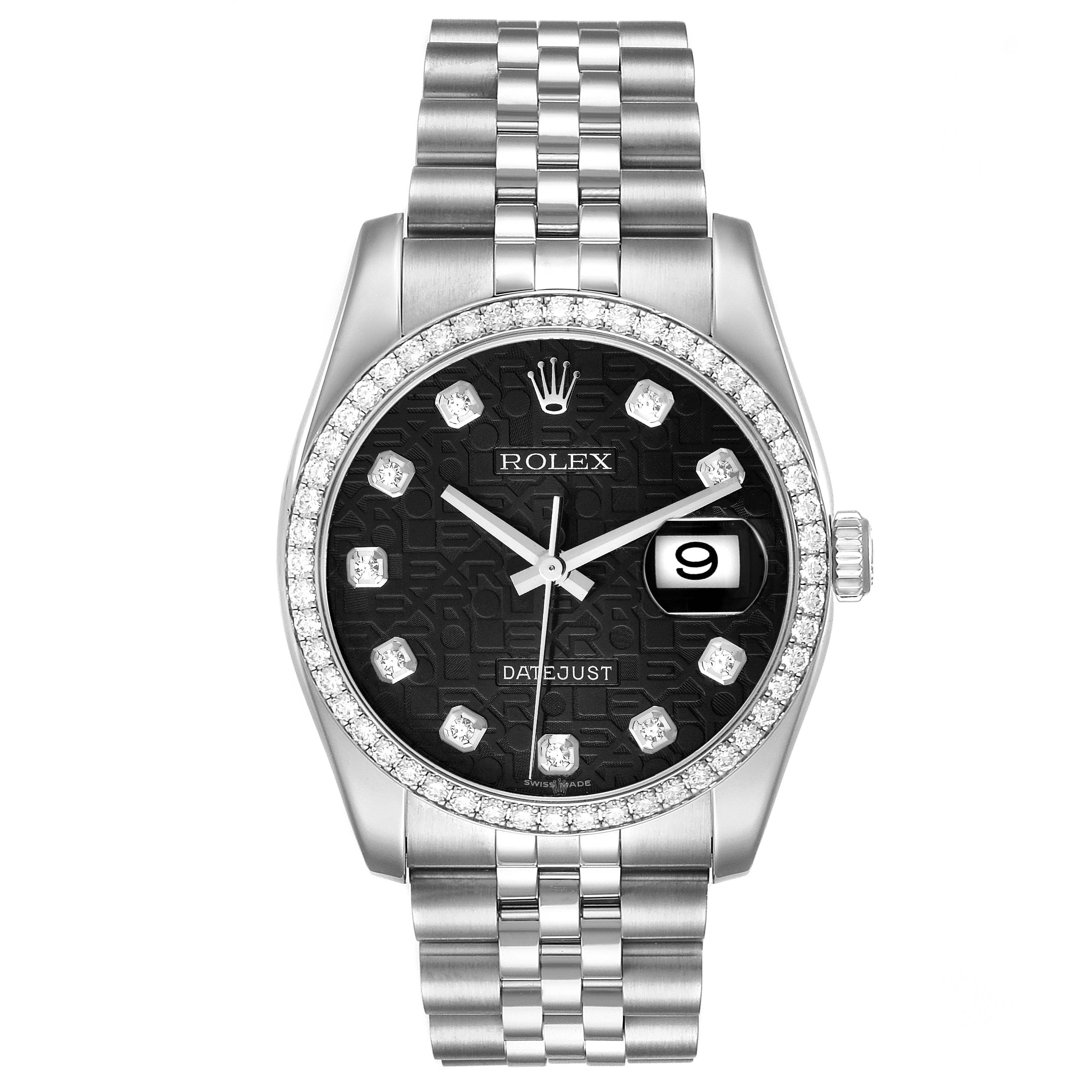 The image showcases a front view of the Rolex Datejust 116244 Men's Stainless Steel Black Dial 116244 Men's Stainless Steel Black Dial watch, highlighting its face, bezel, and bracelet.
