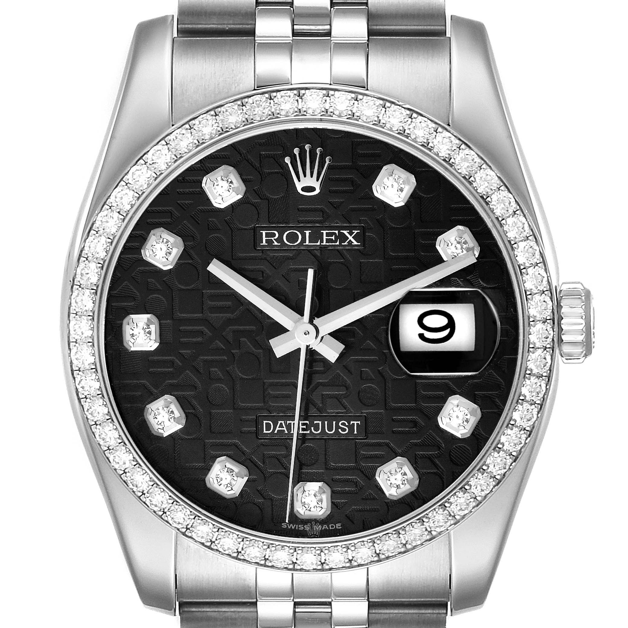 This image shows a front view of a Rolex Datejust 116244 Men's Stainless Steel Black Dial 116244 Men's Stainless Steel Black Dial watch, featuring a diamond bezel, black patterned dial, date display, and Jubilee bracelet.