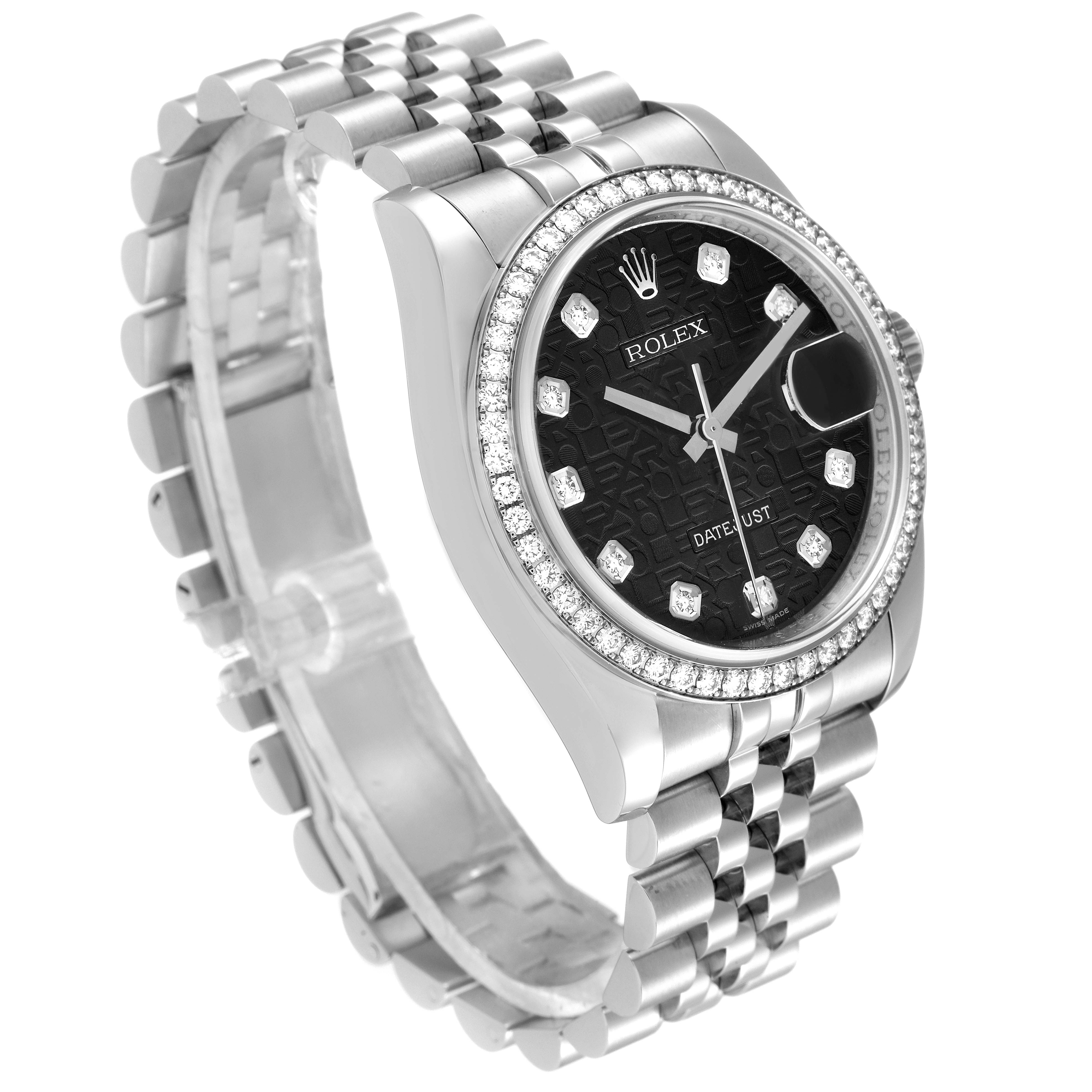 The Rolex Datejust 116244 Men's Stainless Steel Black Dial 116244 Men's Stainless Steel Black Dial watch is shown at an angled side view, highlighting the black dial, diamond bezel, and Jubilee bracelet.